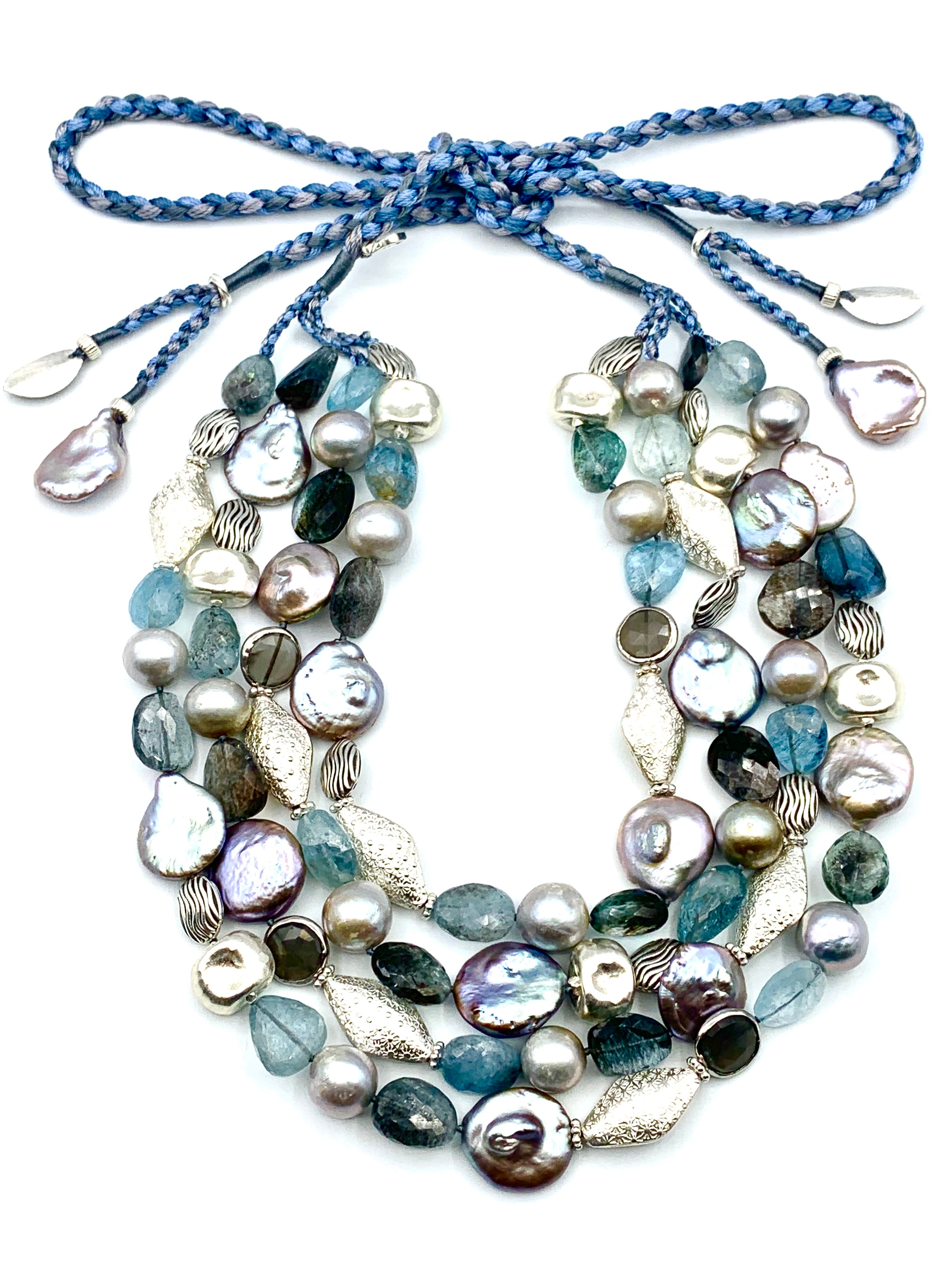 #32Moss & Blue Aquamarine faceted Semiprecious Stones , Grey Moonstone , Grey Baroque Pearls & Silver