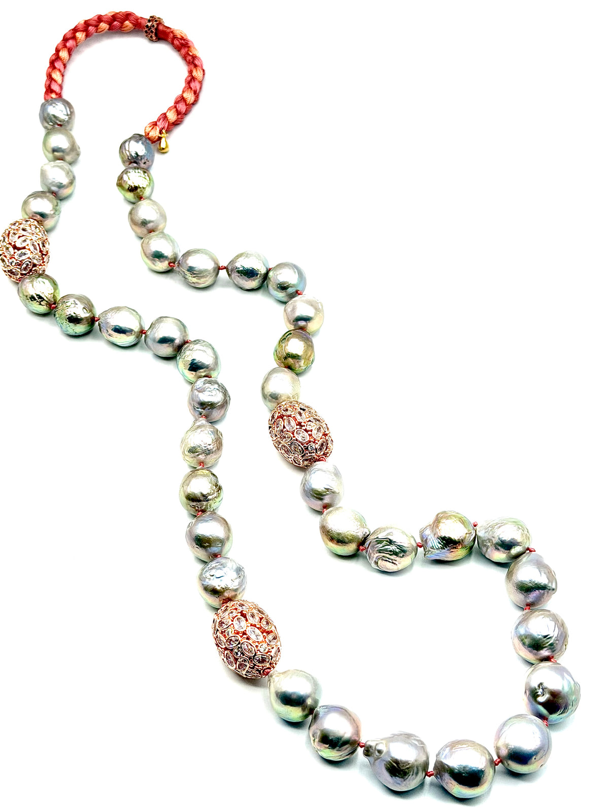 # 1 A Fresh Contrast for Fall : Soft Grey Pearls + Coral Threads -