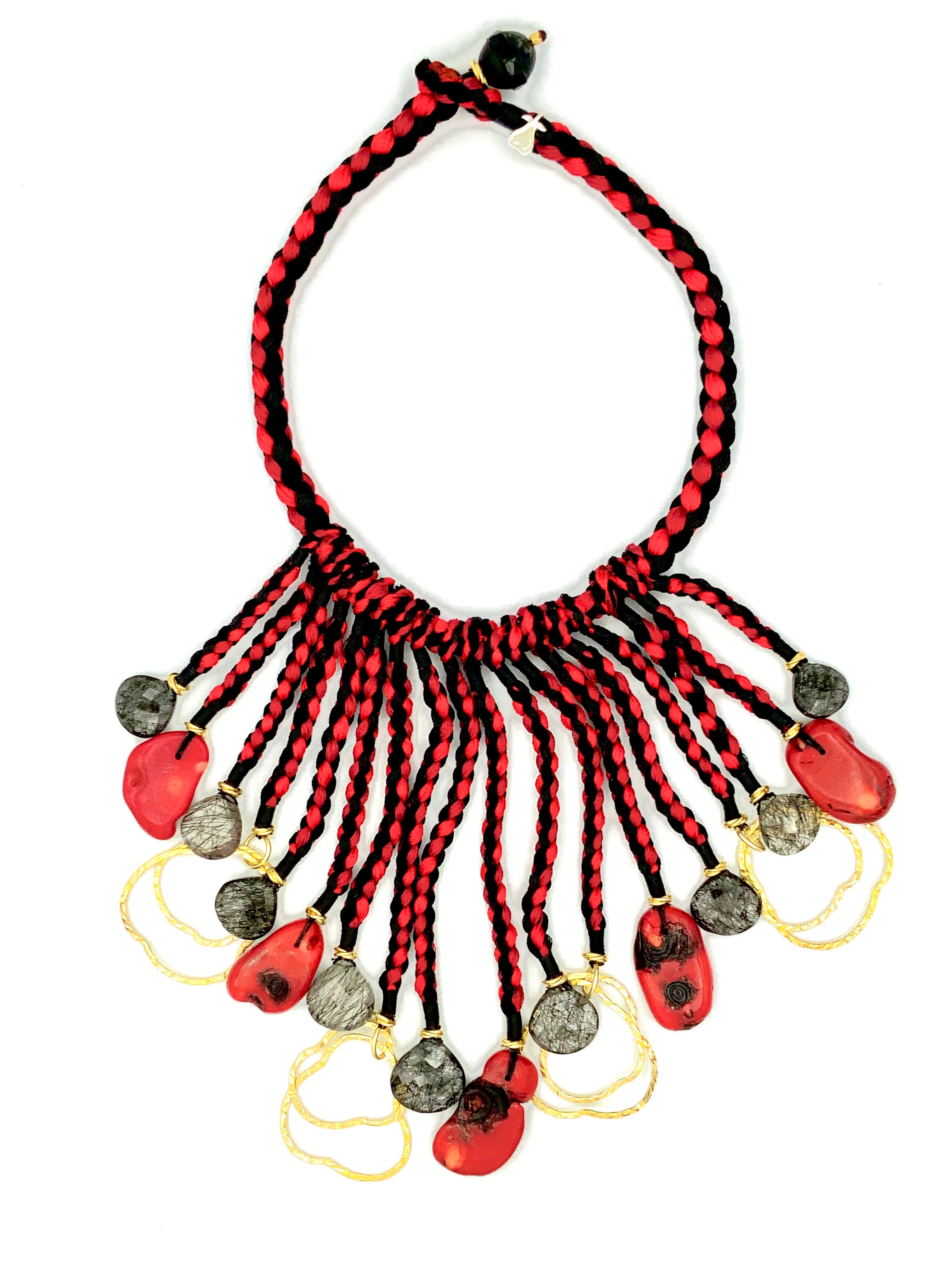 # 47 Choker Red Coral Nuggets , Tourmalated Quartz Faceted Drops & Gold Plated Sterling Silver Rings