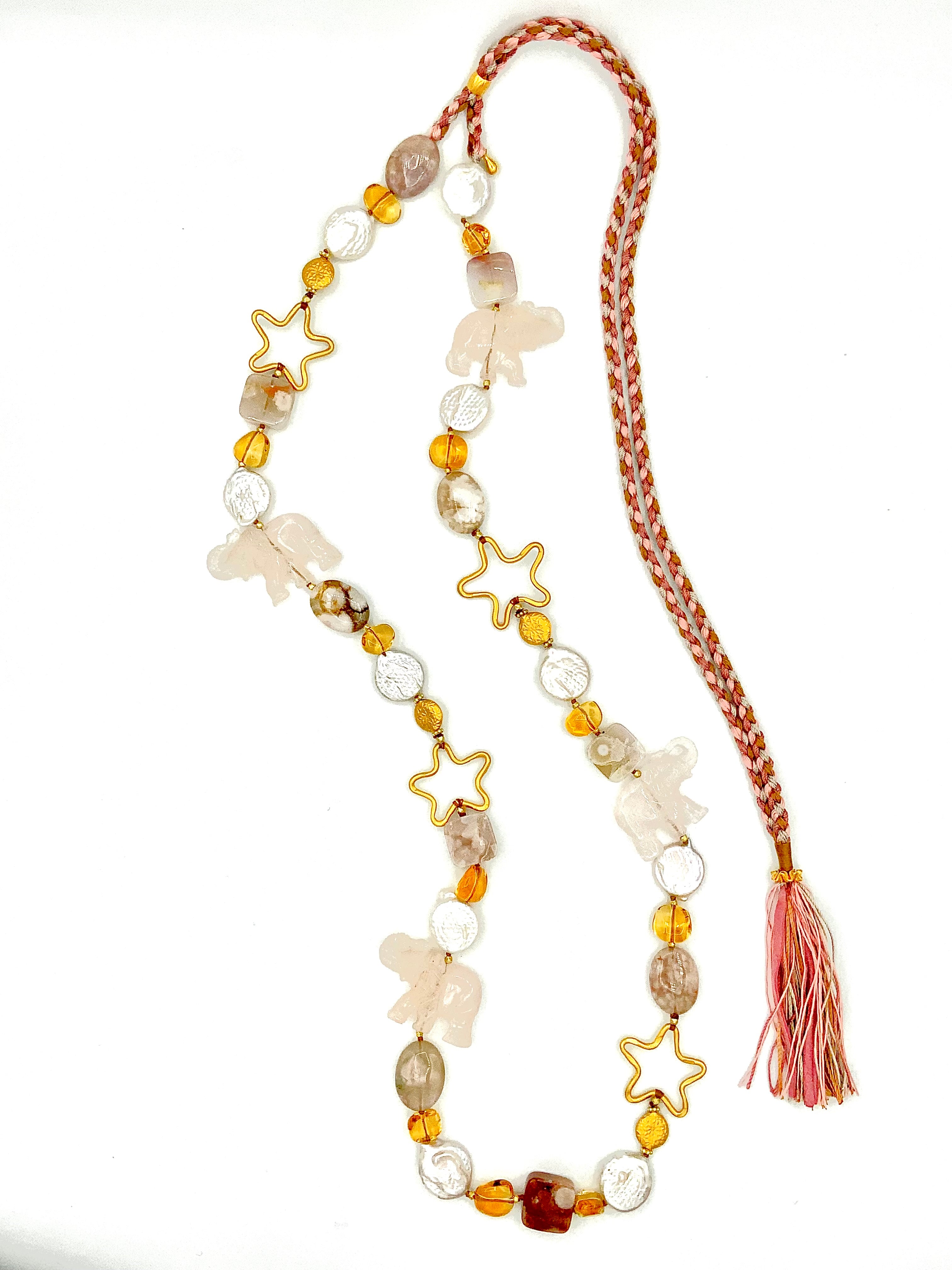 Rose Quartz Carved Elephant pendants , Sakura Agate , Citrine Nuggets & White Coin Pearls