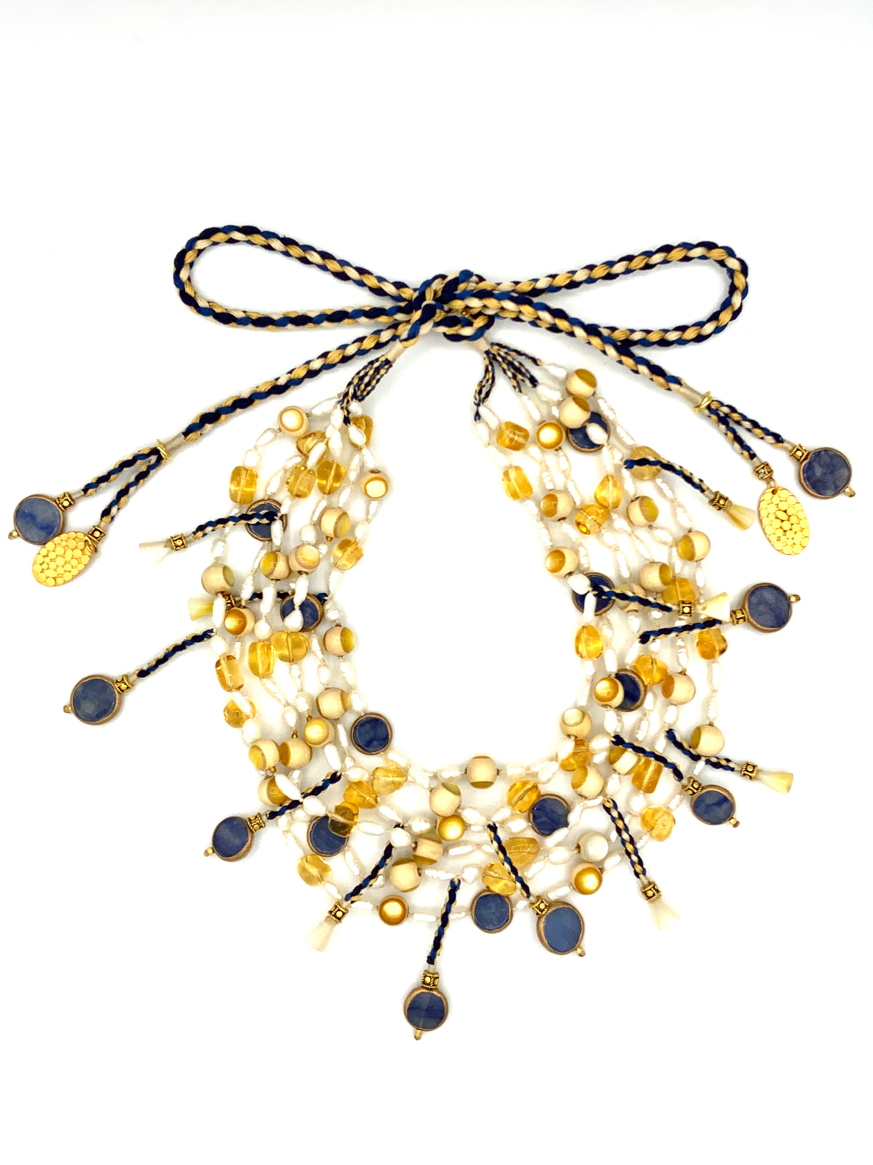 #36 Multi strand Fresh Water Pearl tubes , Lapis Lazuli coins , Citrine nuggets , Inlaid Mother of Pearl round