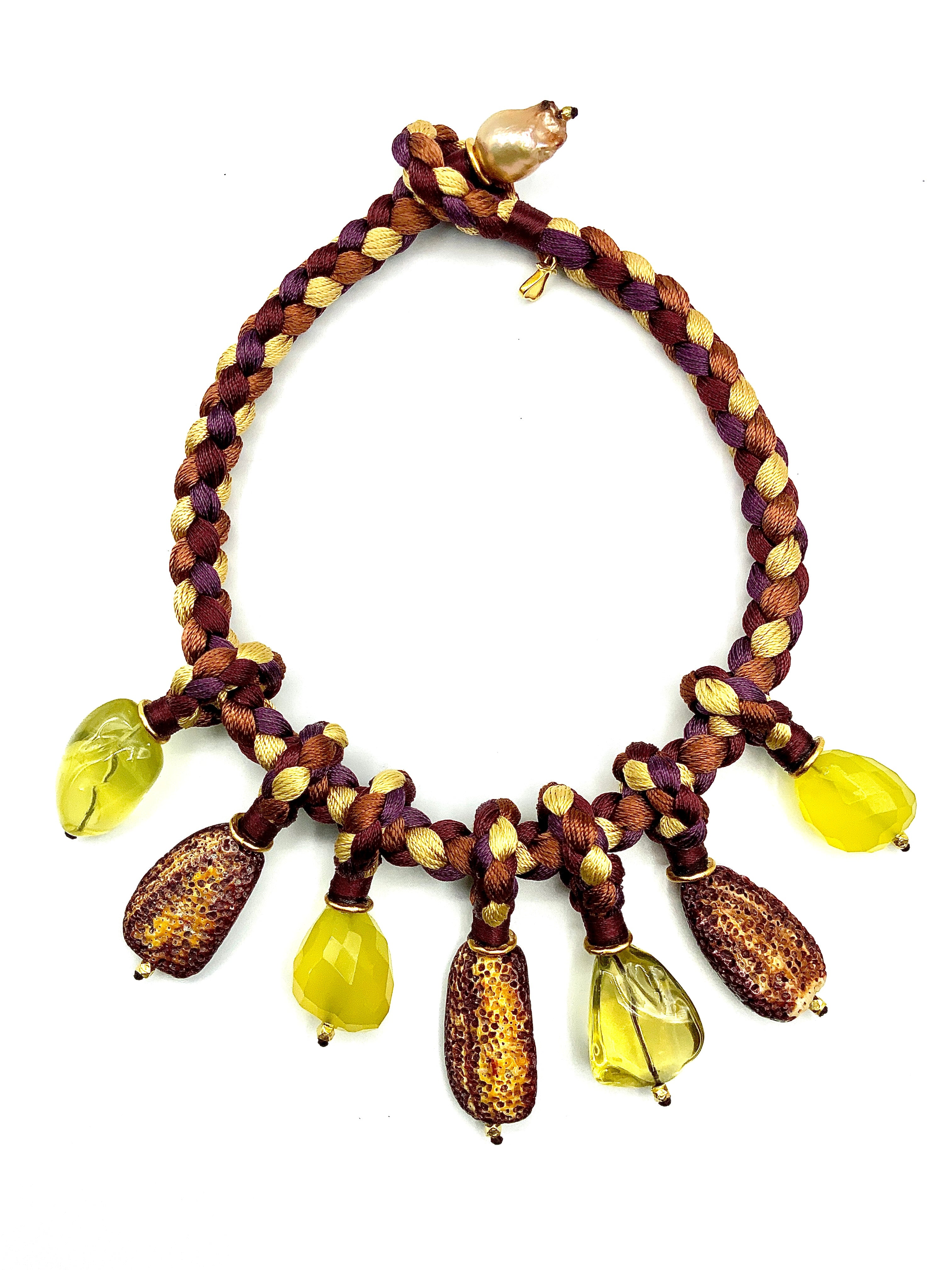 #25 Choker Lemon Quartz , Yellow Chalcedony nuggets , Shell  drops