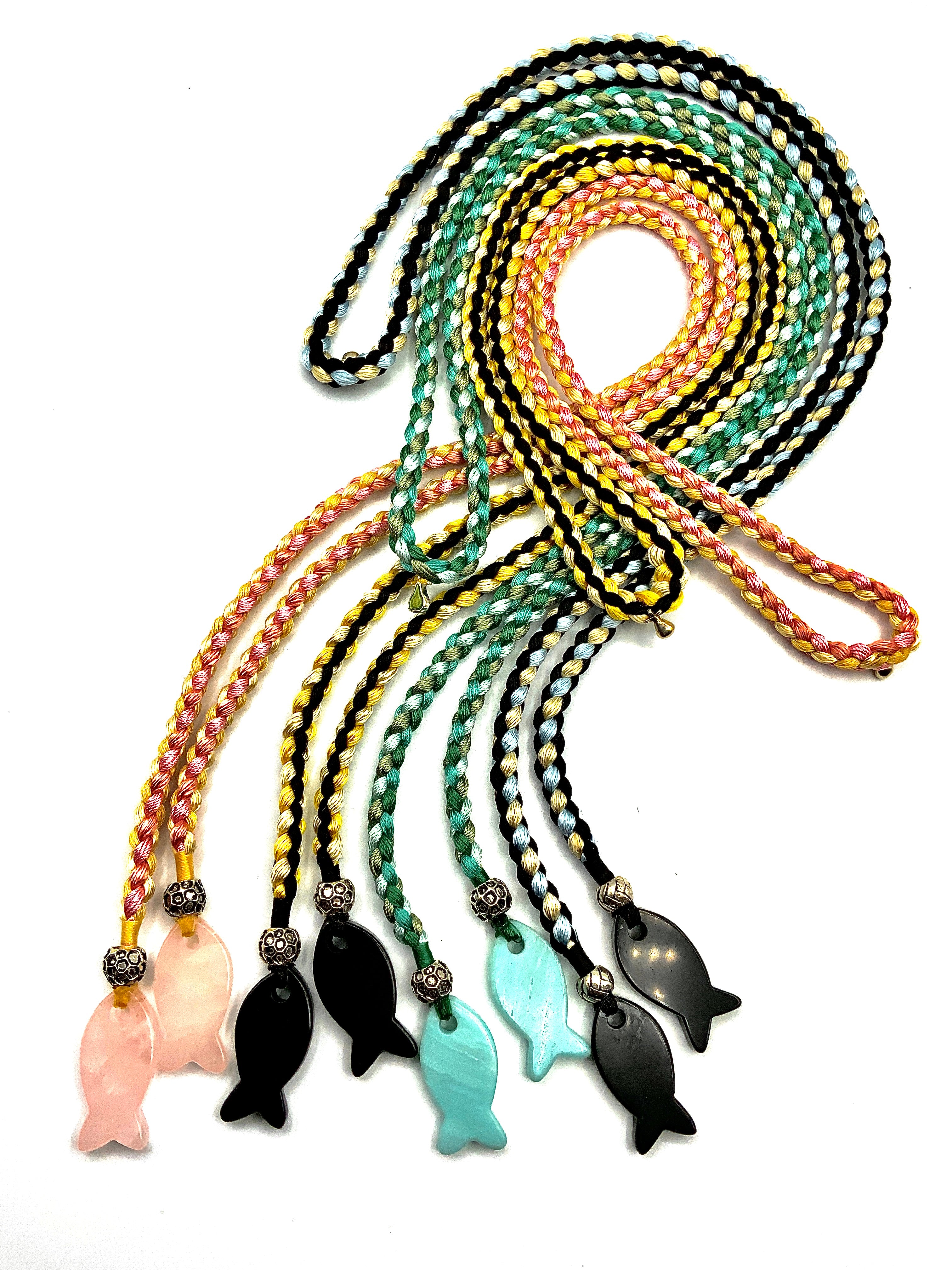 #26 Multi coloured silk cords with Carved fish drops