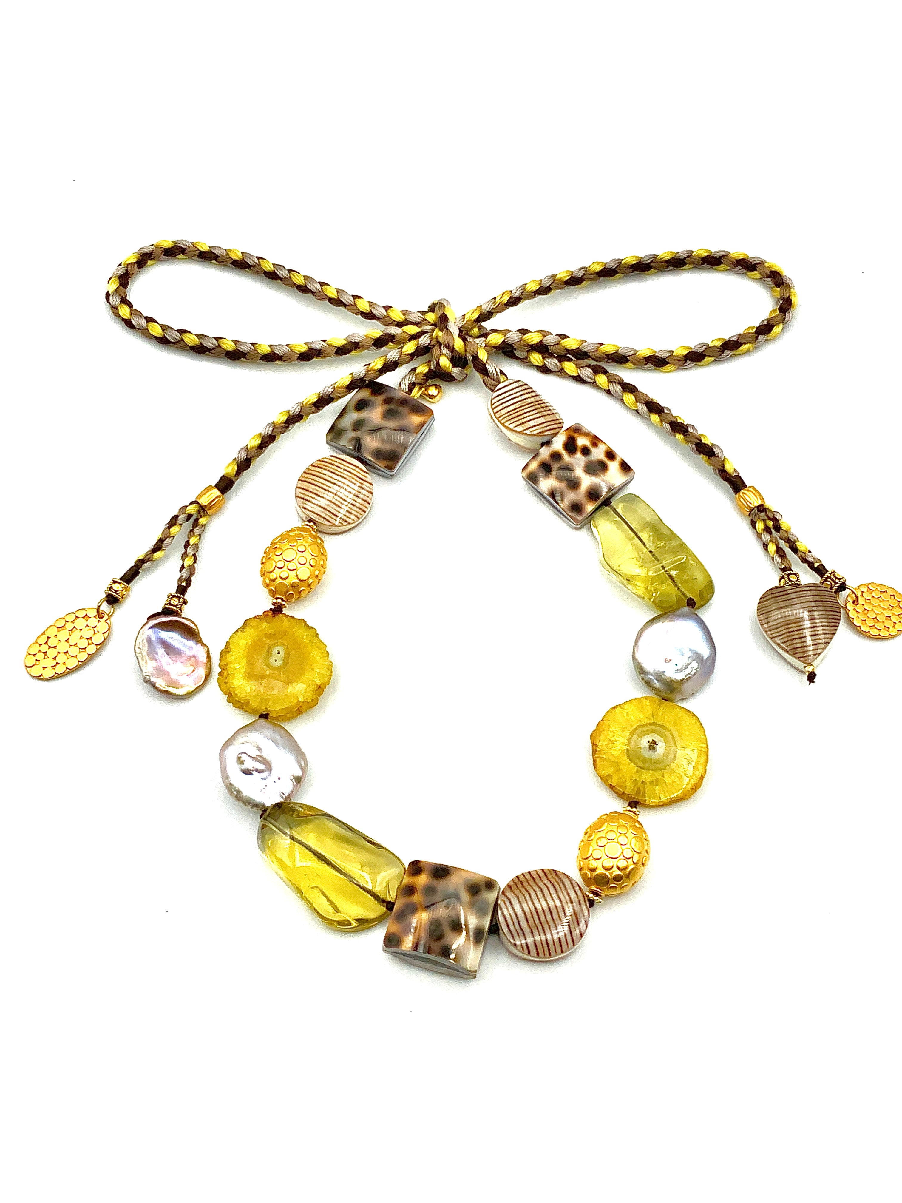 # 39 Sunshine Necklace - Sunflower & Lemon Quartz , Cowrie Shell , Coin Pearls