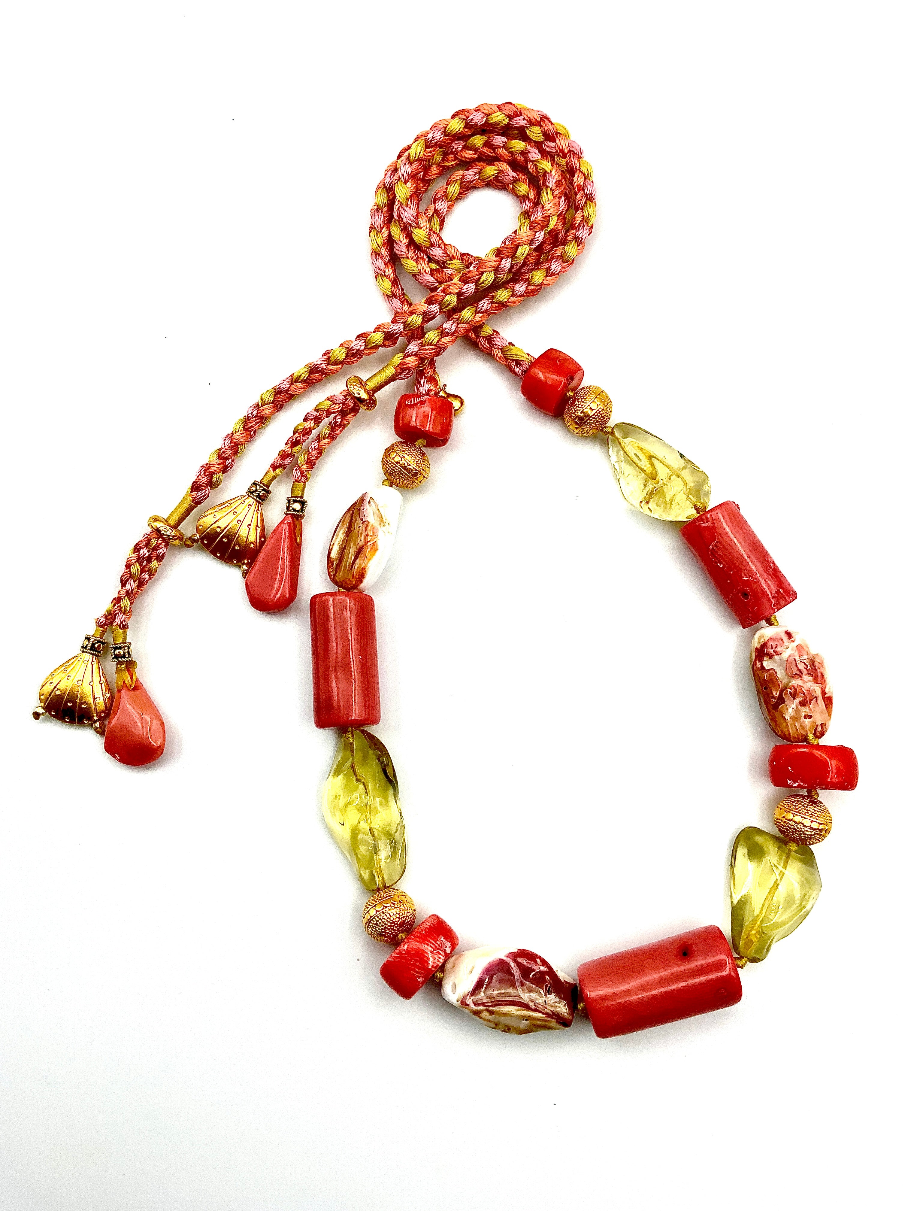 # 27 Red Coral , Lemon Quartz & Shiva Shell nuggets