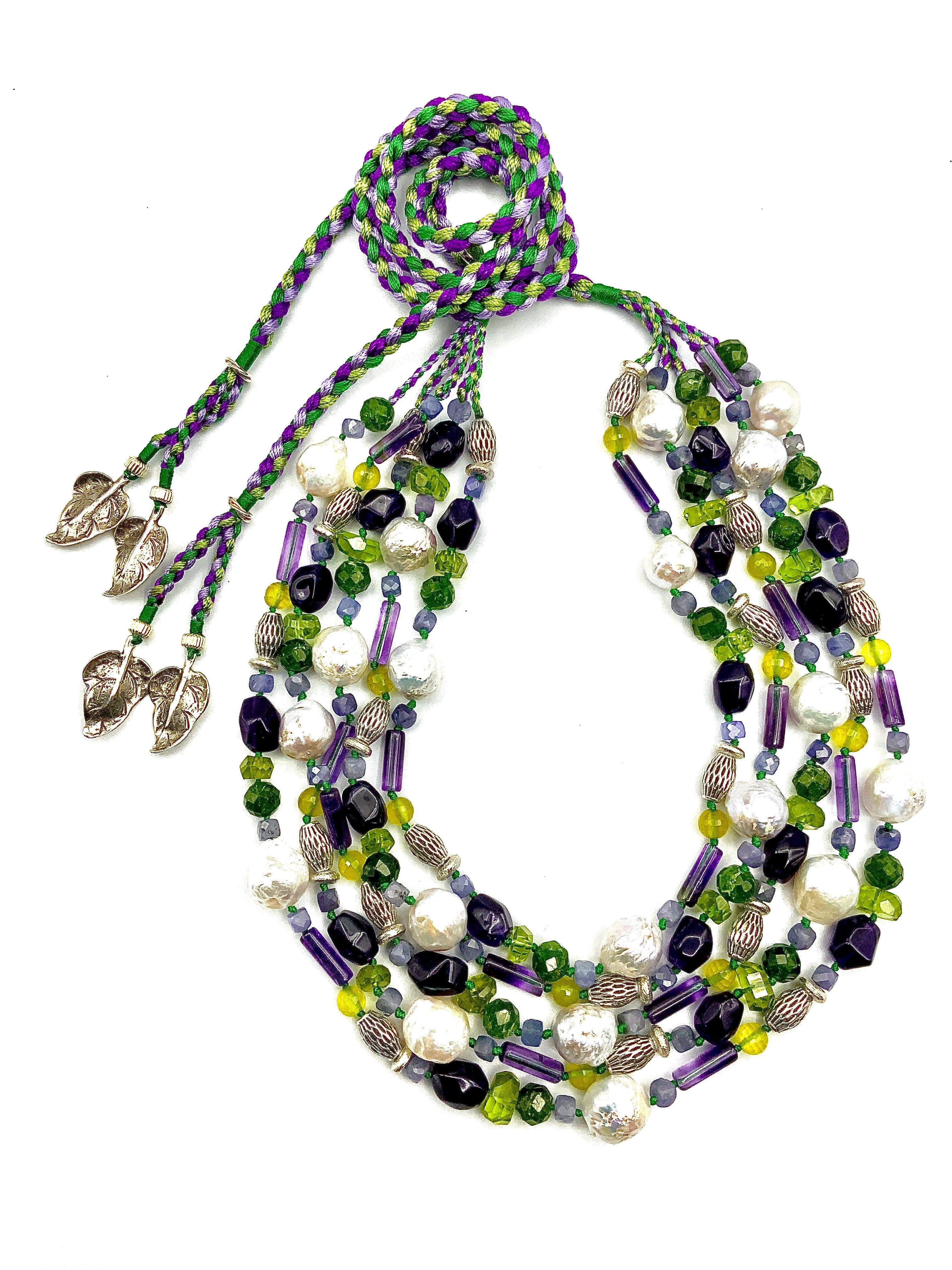 # 22 Multistrand Necklace Amethyst , Peridot , Tanzanite , Diopside , Pearls