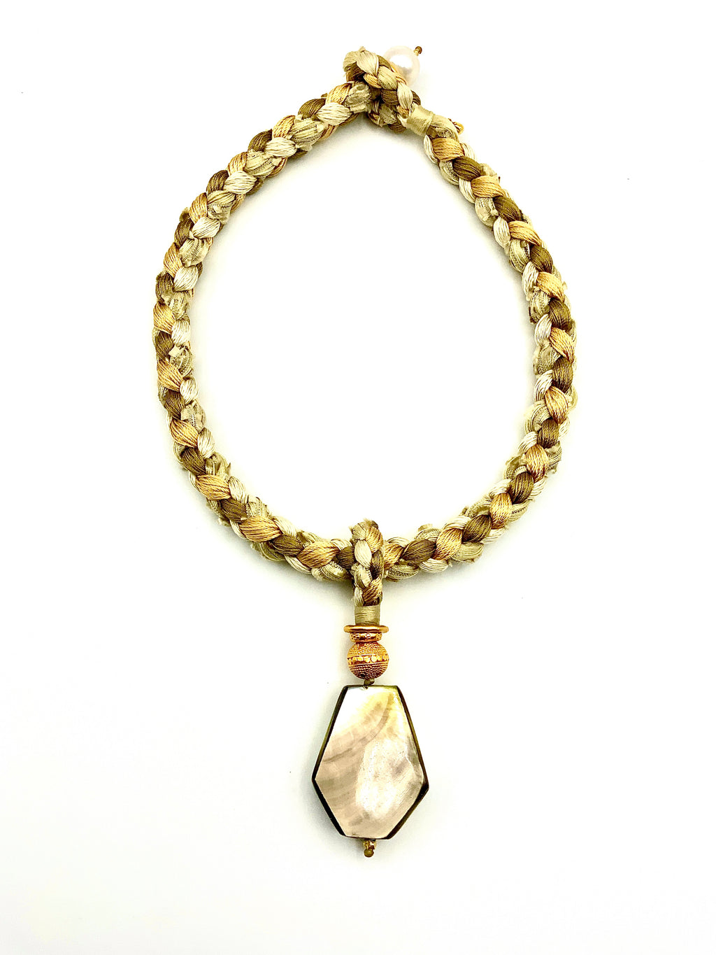 # 47 Hand Woven Silks Cord Choker & Mother of Pearl Pendant