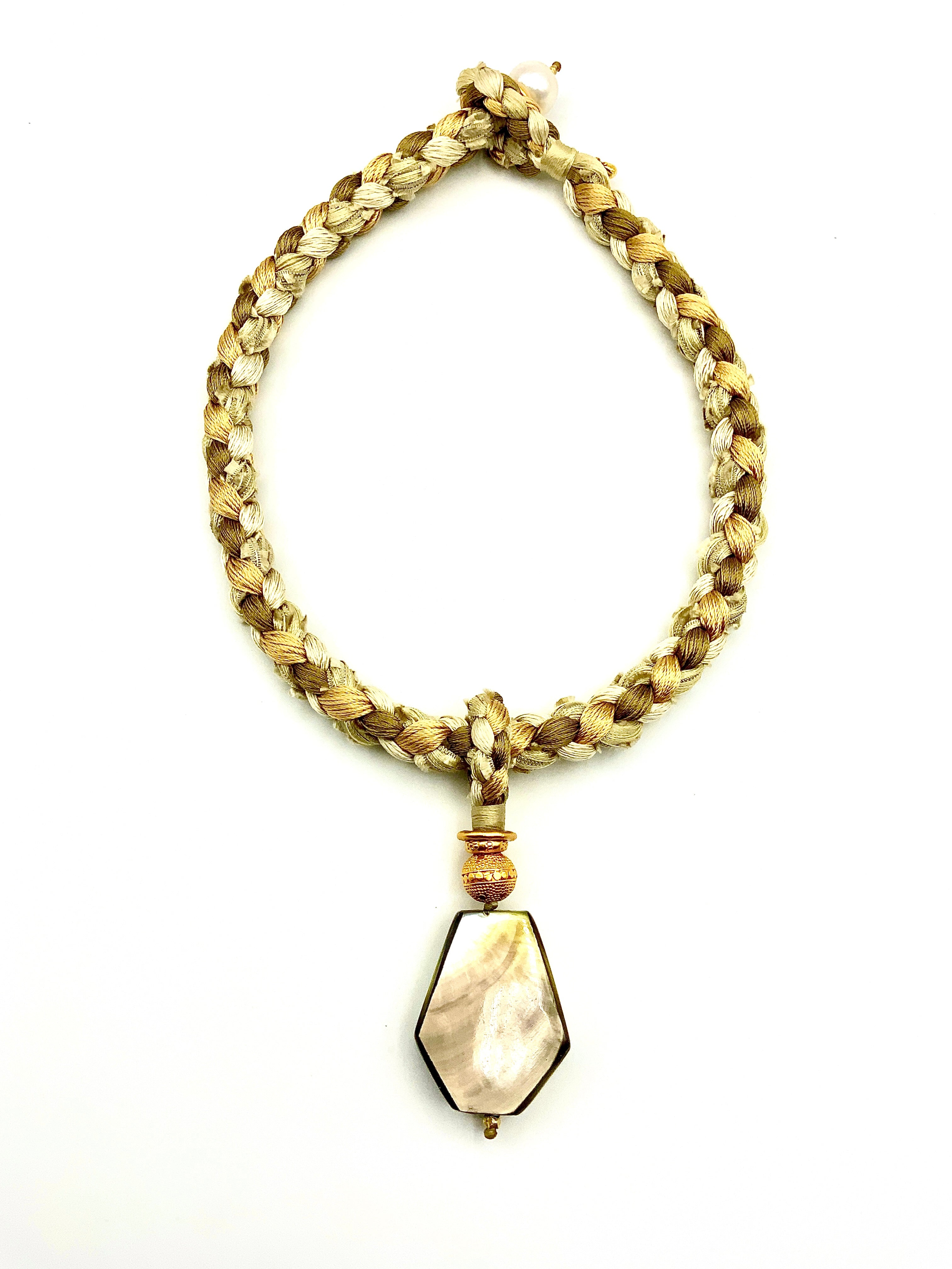 # 47 Hand Woven Silks Cord Choker & Mother of Pearl Pendant