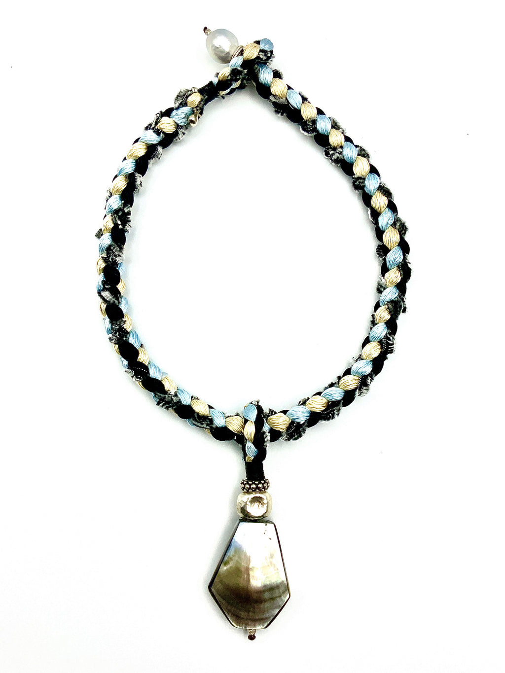 # 47 Hand Woven Silks Cord Choker & Mother of Pearl Pendant