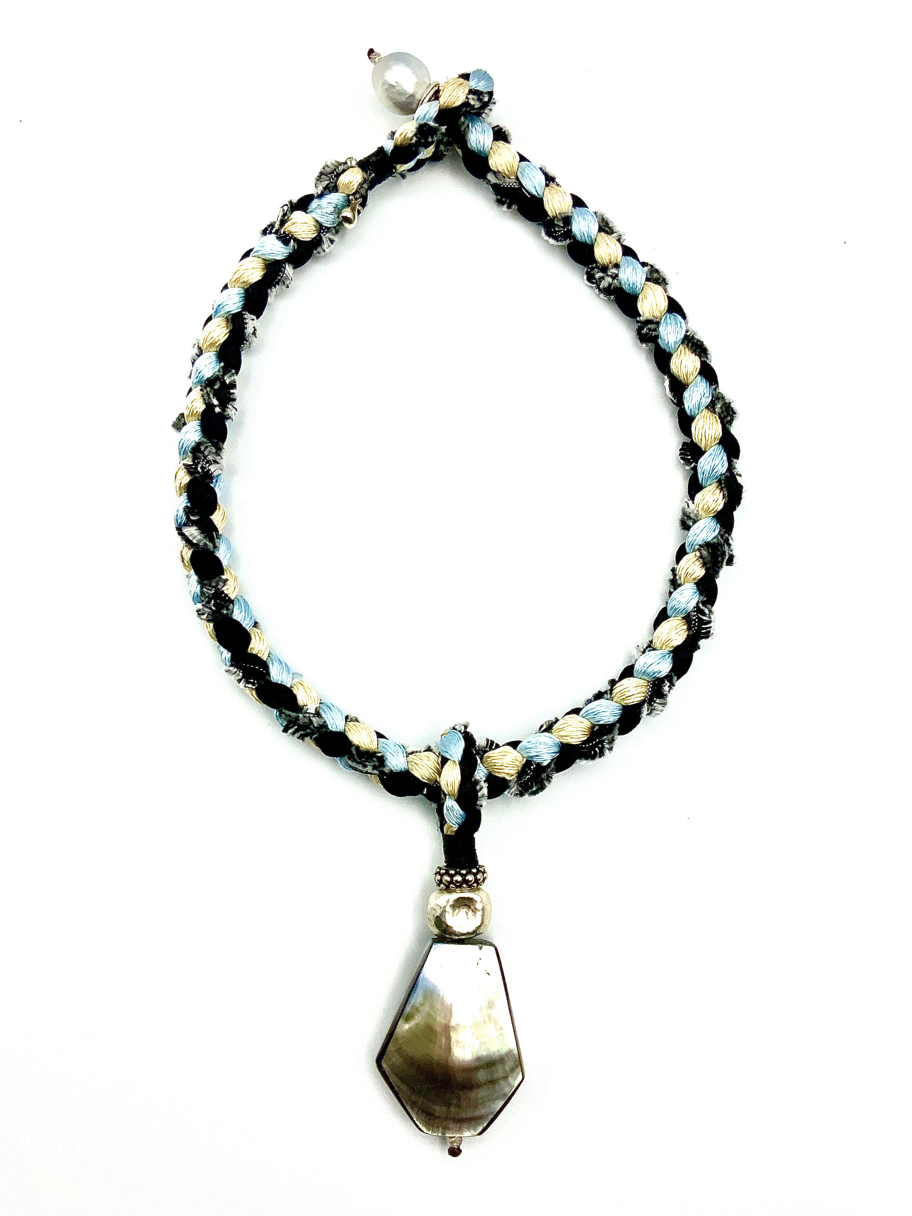 # 47 Hand Woven Silks Cord Choker & Mother of Pearl Pendant
