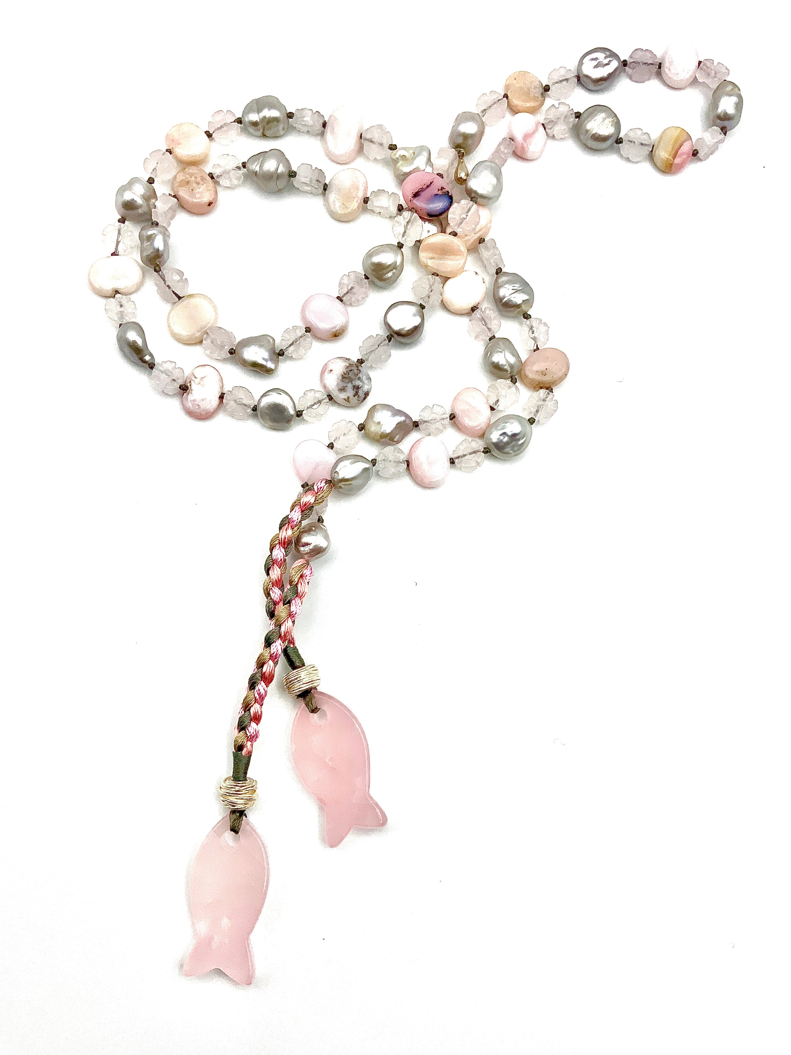 # 36 Rose Quartz , Carved Crystal Quartz Flowers & Fish Pendants - Pink Peruvian Opal , Fresh Water Grey Pearls