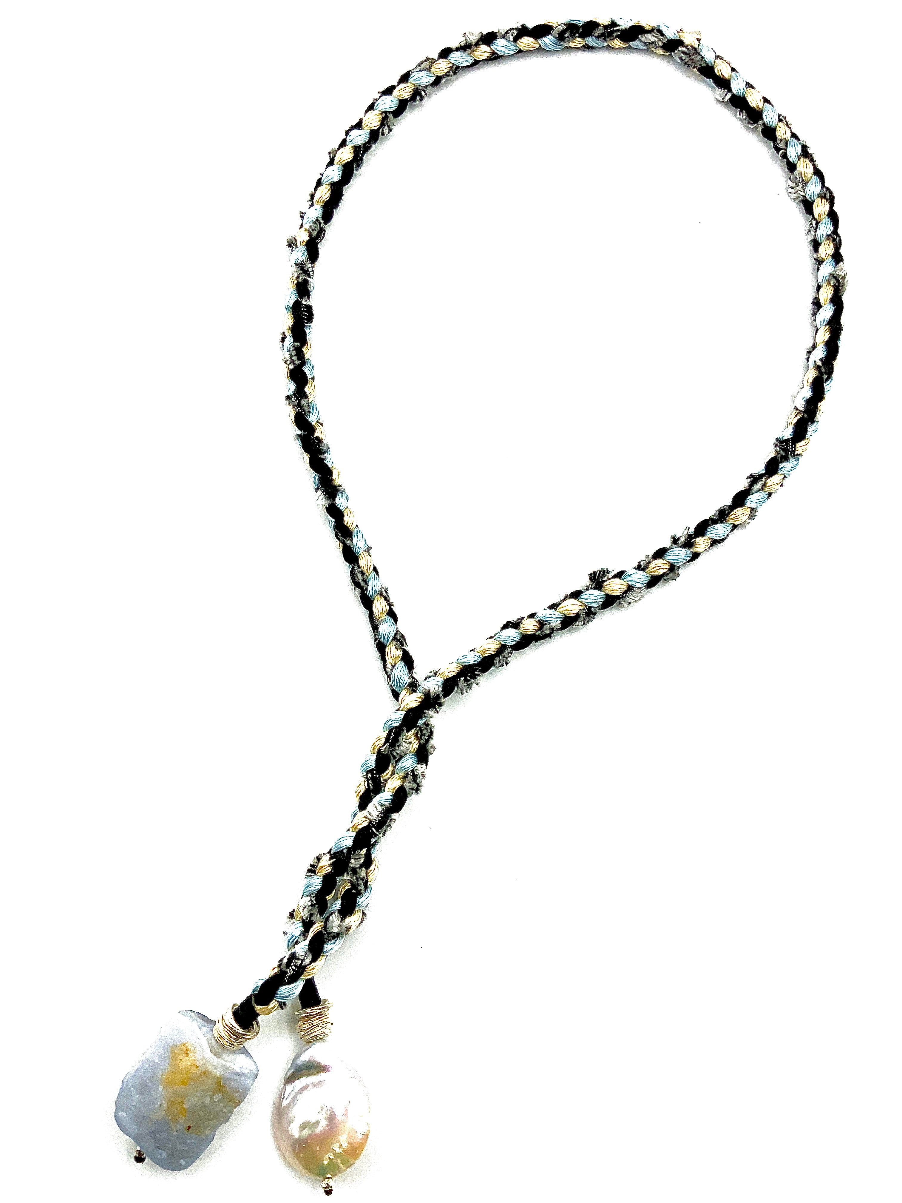 # 41 Smart & Simple -Chalcedony Nugget and Pearl Pendant Flurry Hand Woven Silk Threads