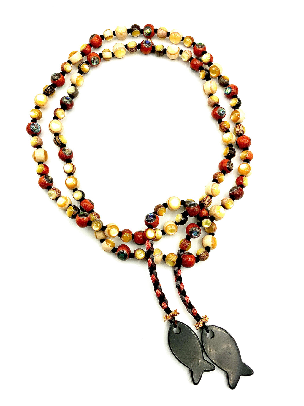 # 46 Peachy Pink , Wood & Mother of Pearl Beads , Rose Quartz & Onyx Fish Pendants