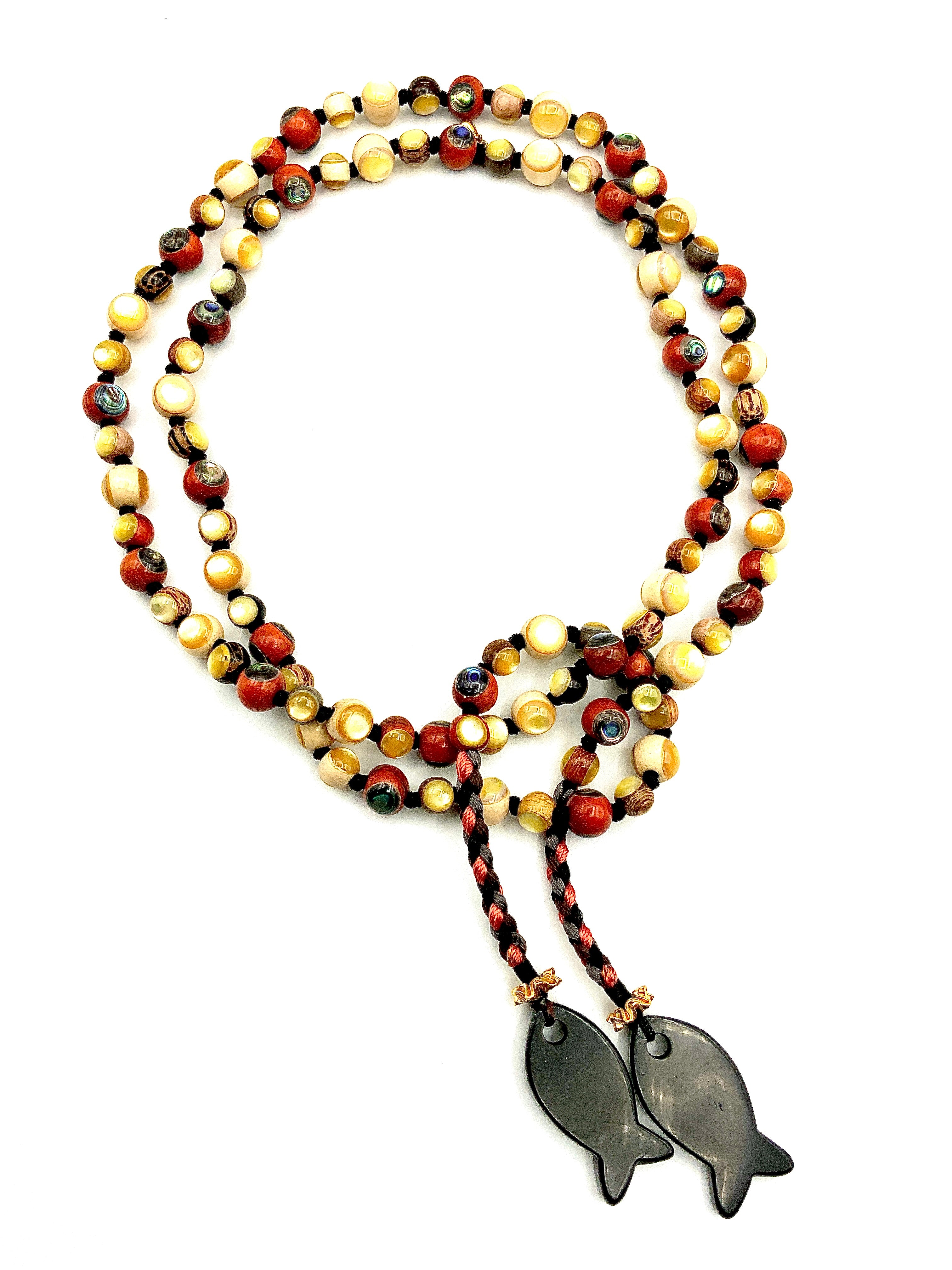 # 46 Peachy Pink , Wood & Mother of Pearl Beads , Rose Quartz & Onyx Fish Pendants