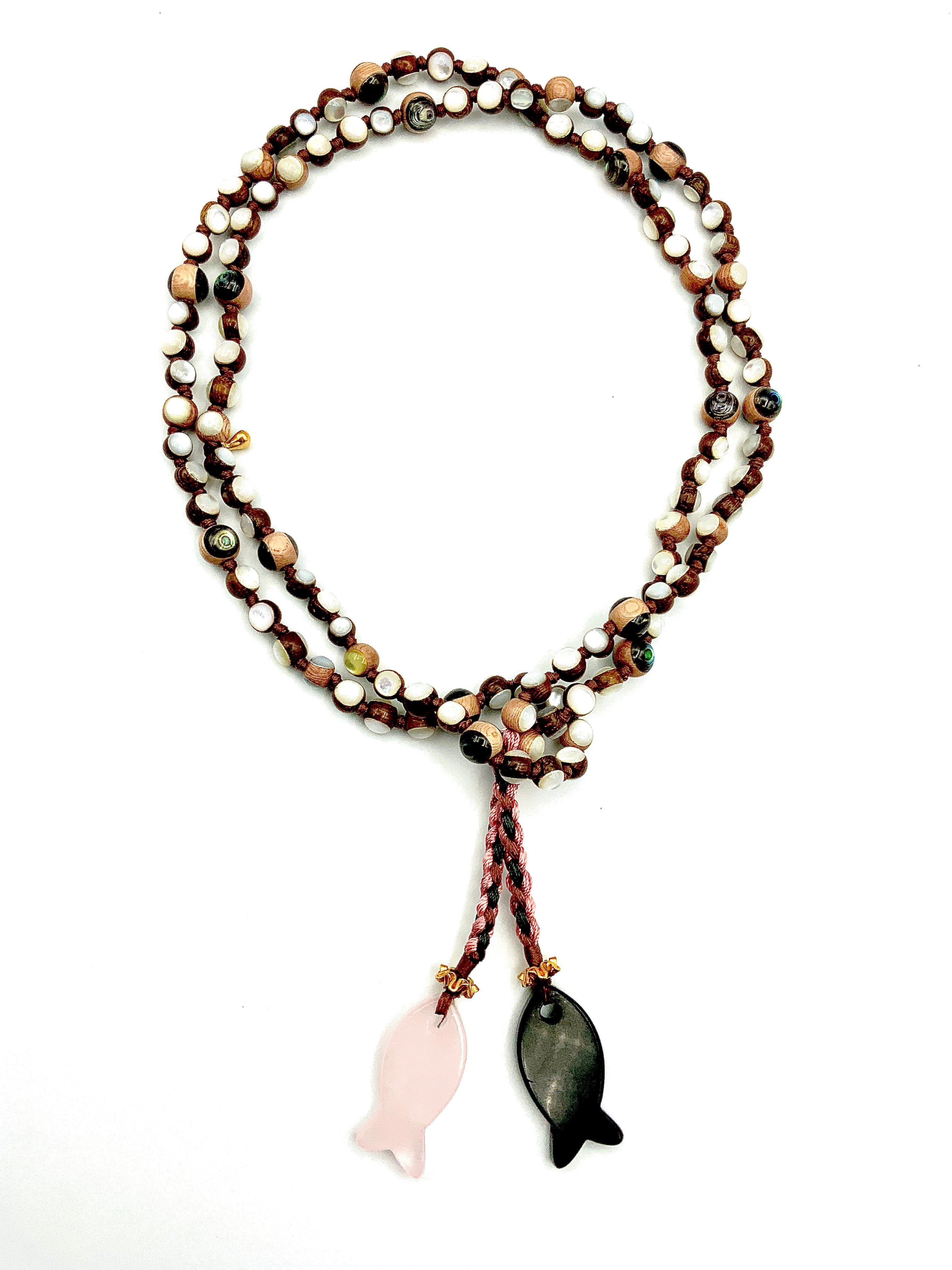 # 46 Peachy Pink , Wood & Mother of Pearl Beads , Rose Quartz & Onyx Fish Pendants
