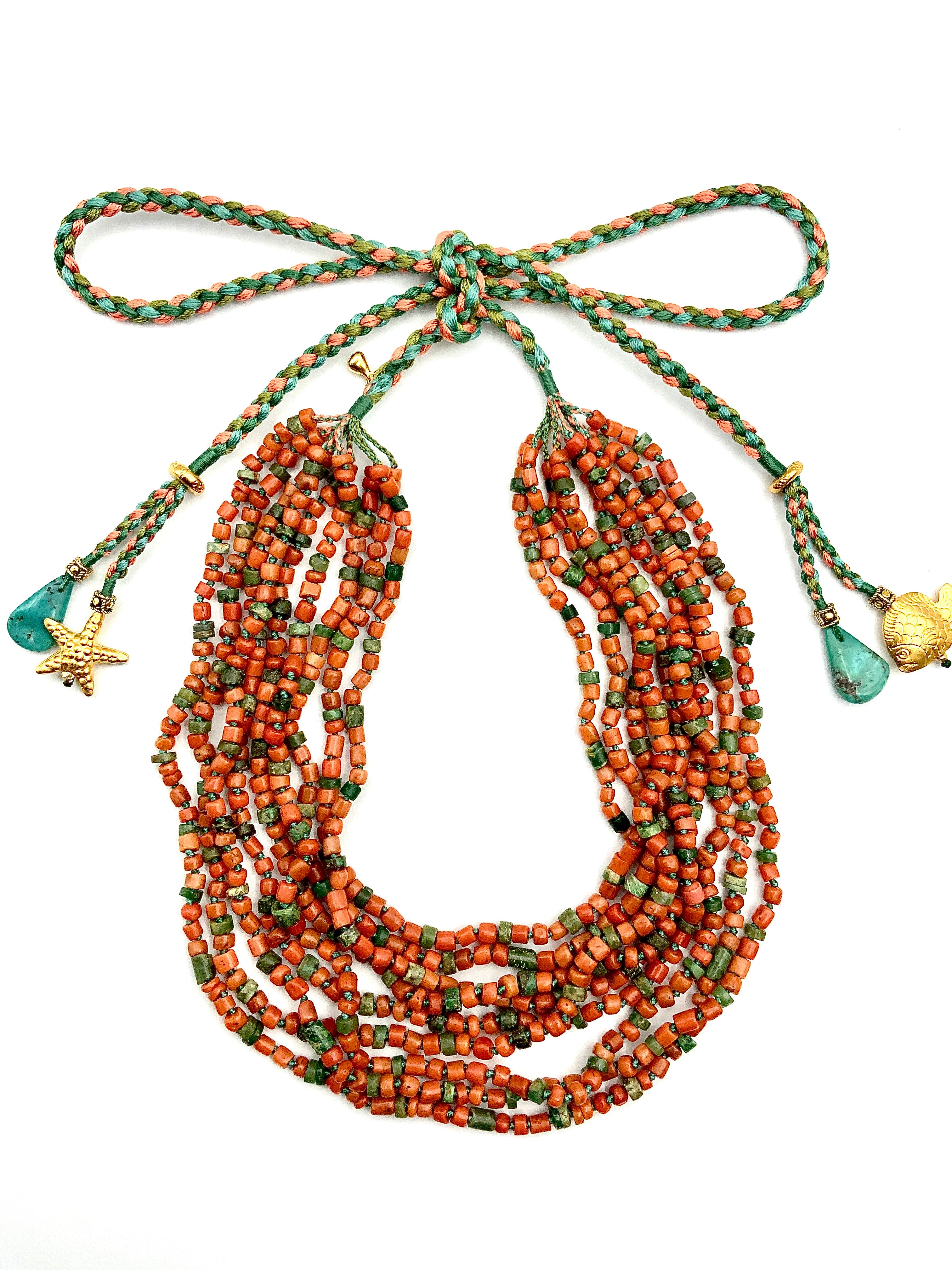 # 3 Multistrand Orange Coral &Serpentine Rondelles