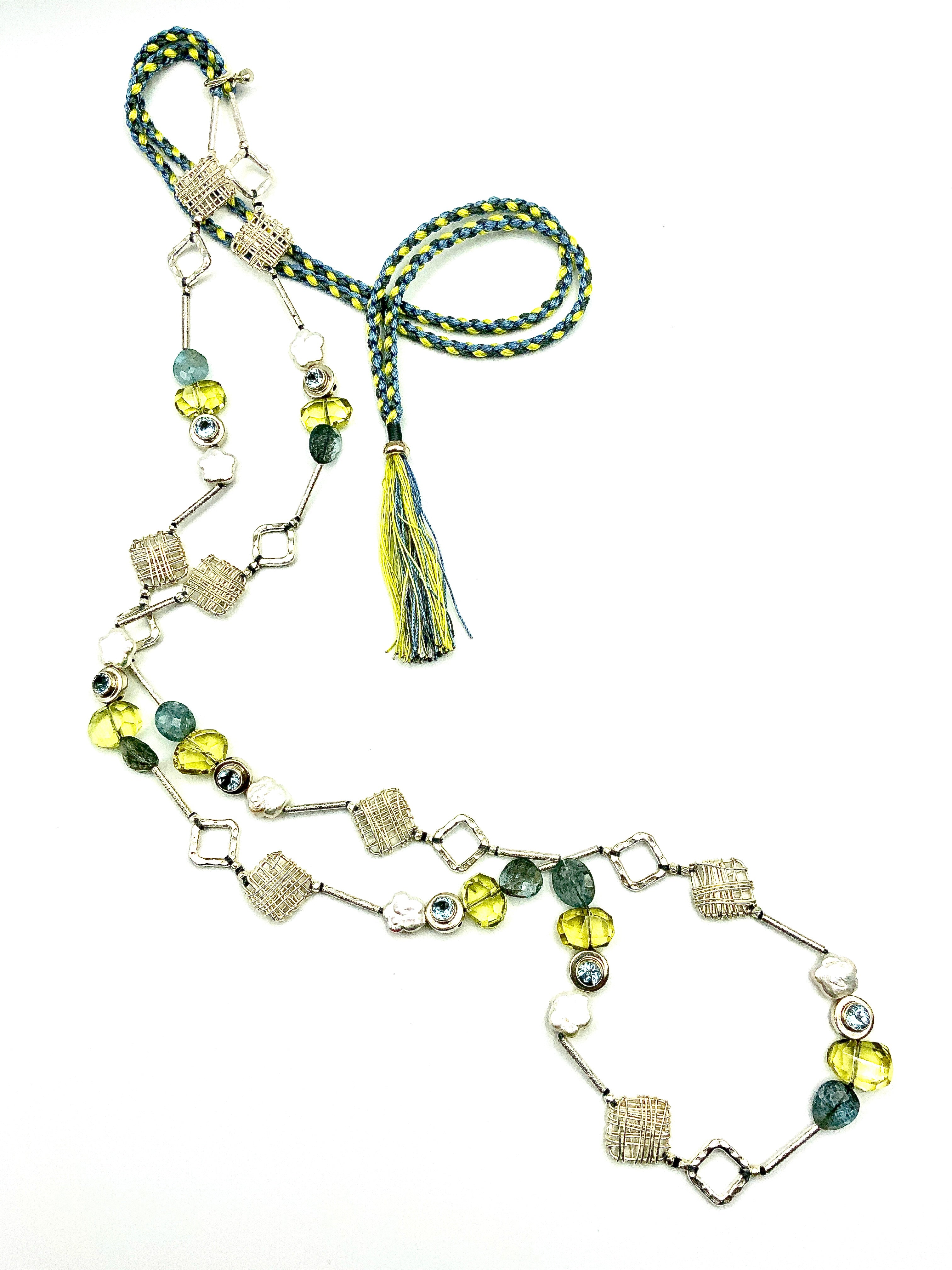 # 15 Lemon Quartz , Blue Kinite , Moss Aquamarine , Blue Topaz , White Star Pearls