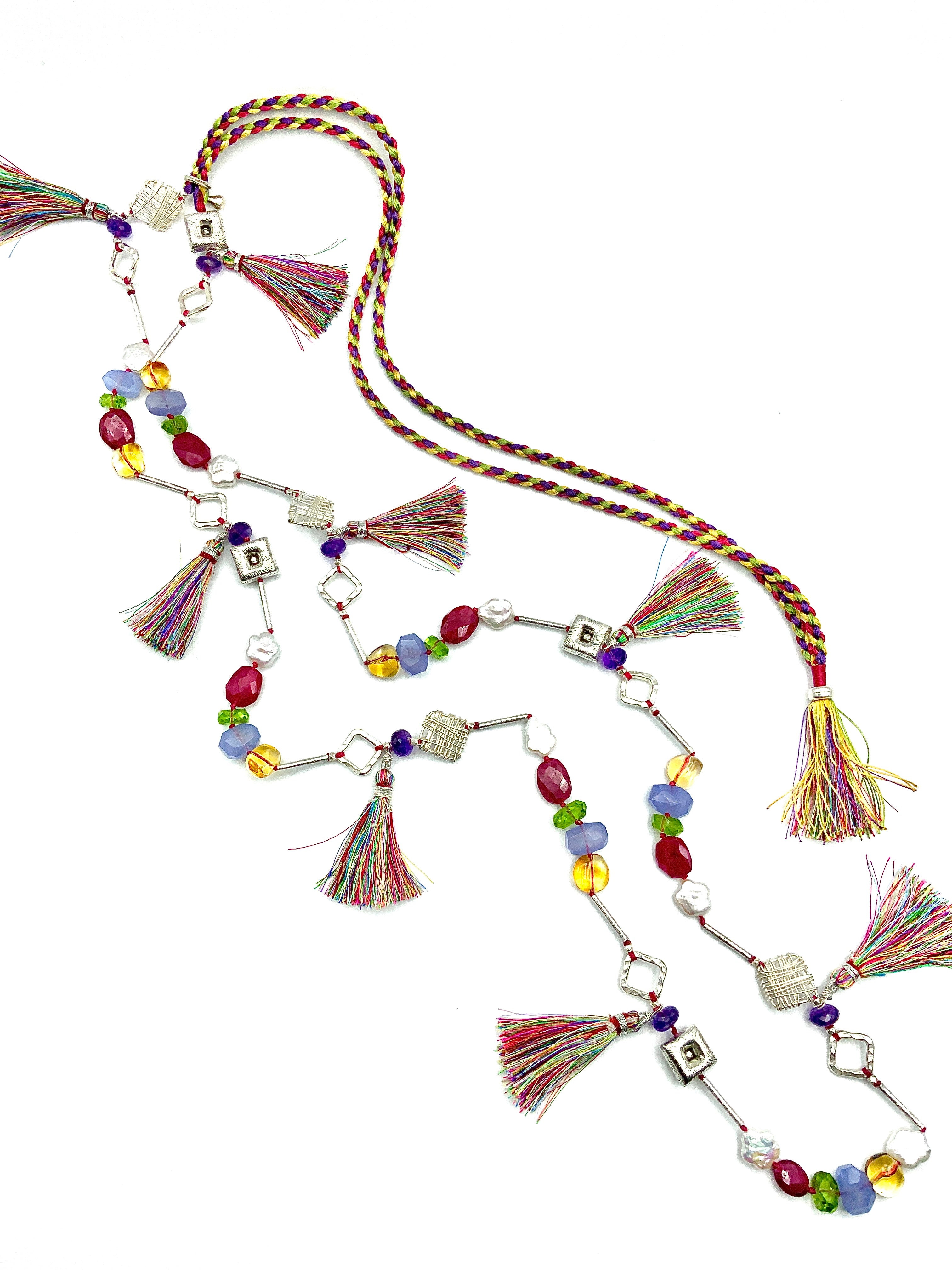 # 48 Colorful  Long Silver Tassel Necklace