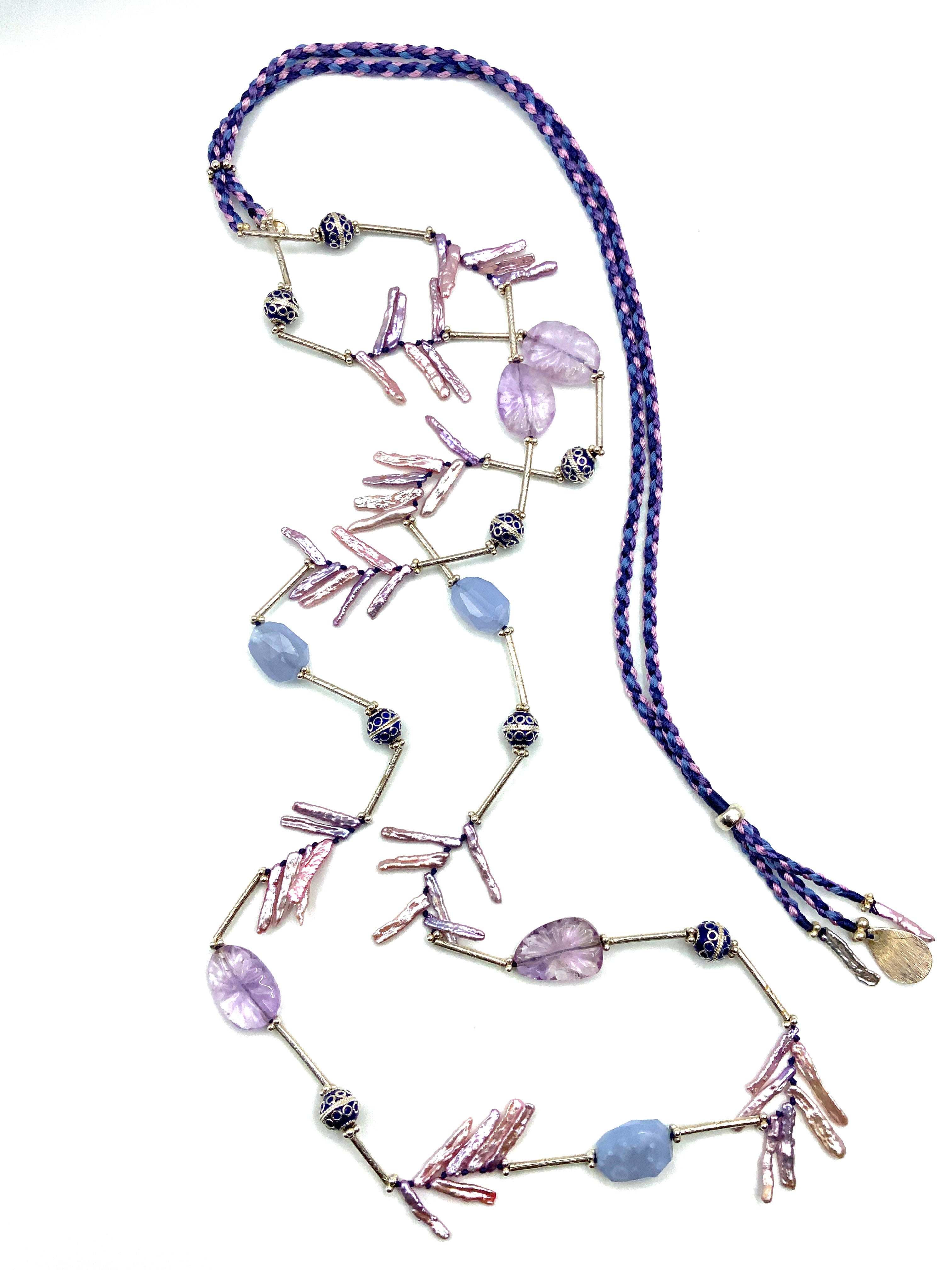# 28 Amethyst , Blue Chalcedony , White Pearls Sticks & Silver Adjustable Long Necklace