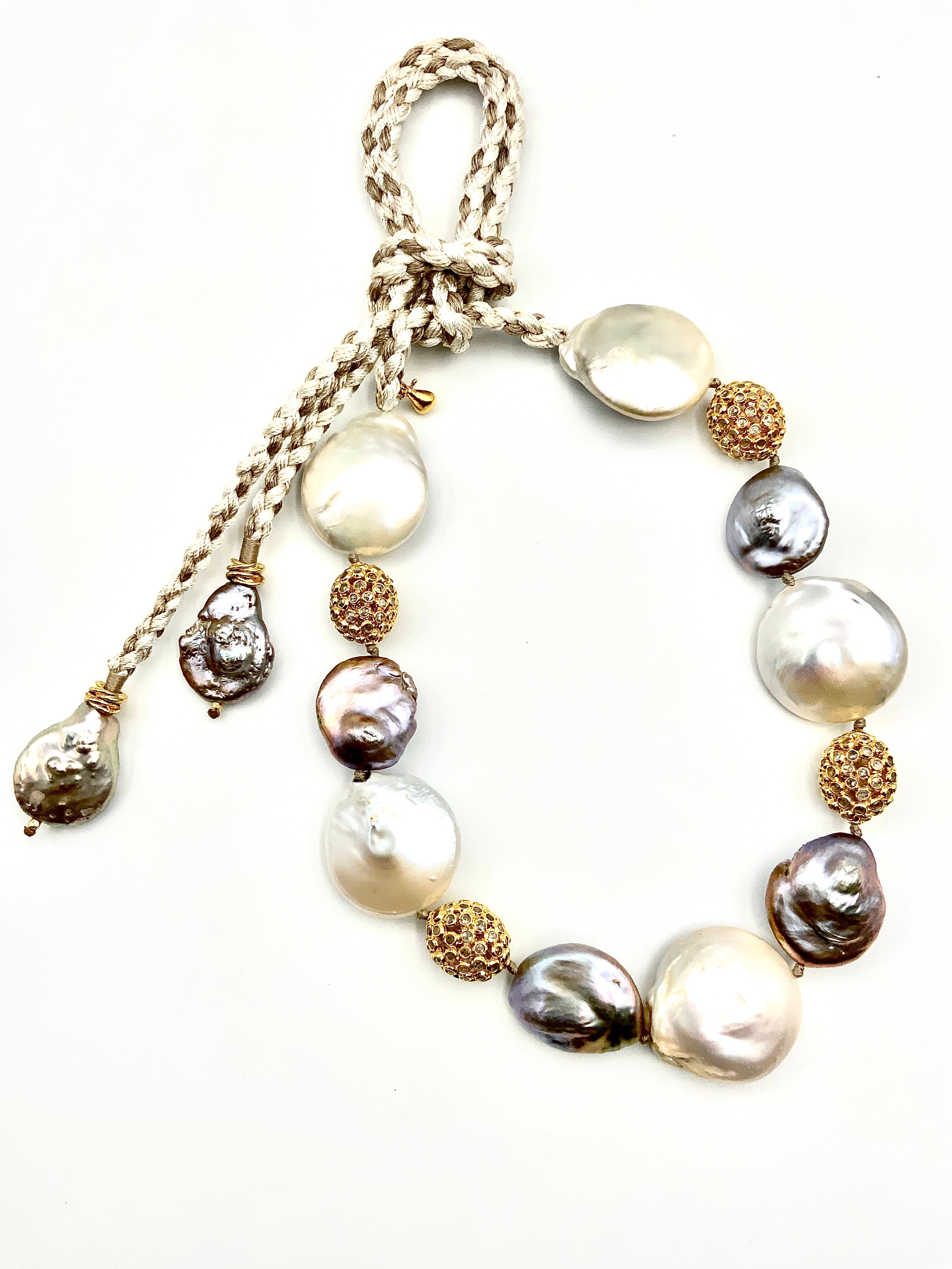 White & PEACKOCK Grey Coin Pearls & Gold Plated Silver Topaz Inlaid Round Bead