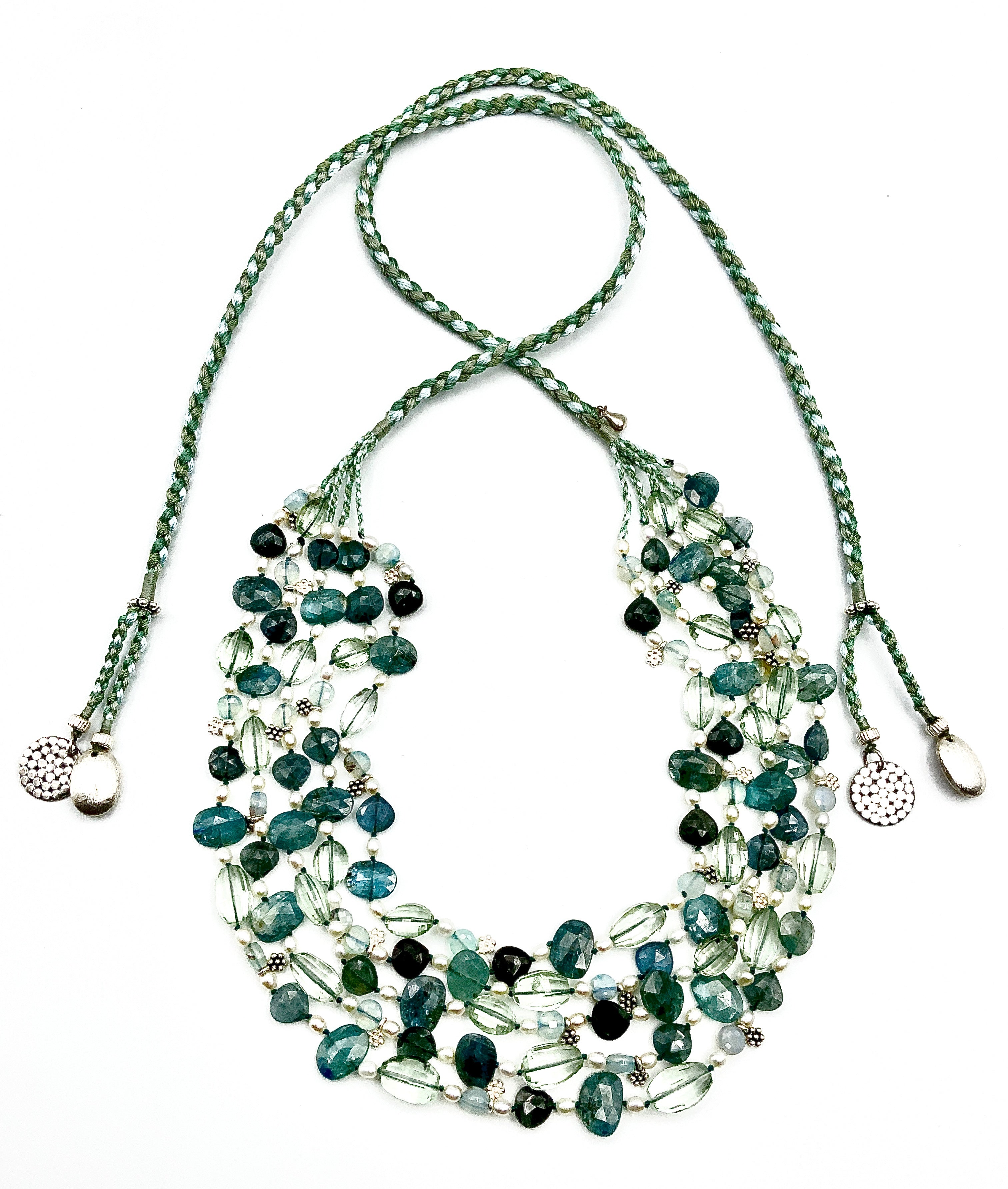 #  6 LAYERS OF LIGHT:Green Gems & Pearls - Moss Aquamarine , Green Amethyst , Kyanite , Amazonite &Pearls - Woven together for you !