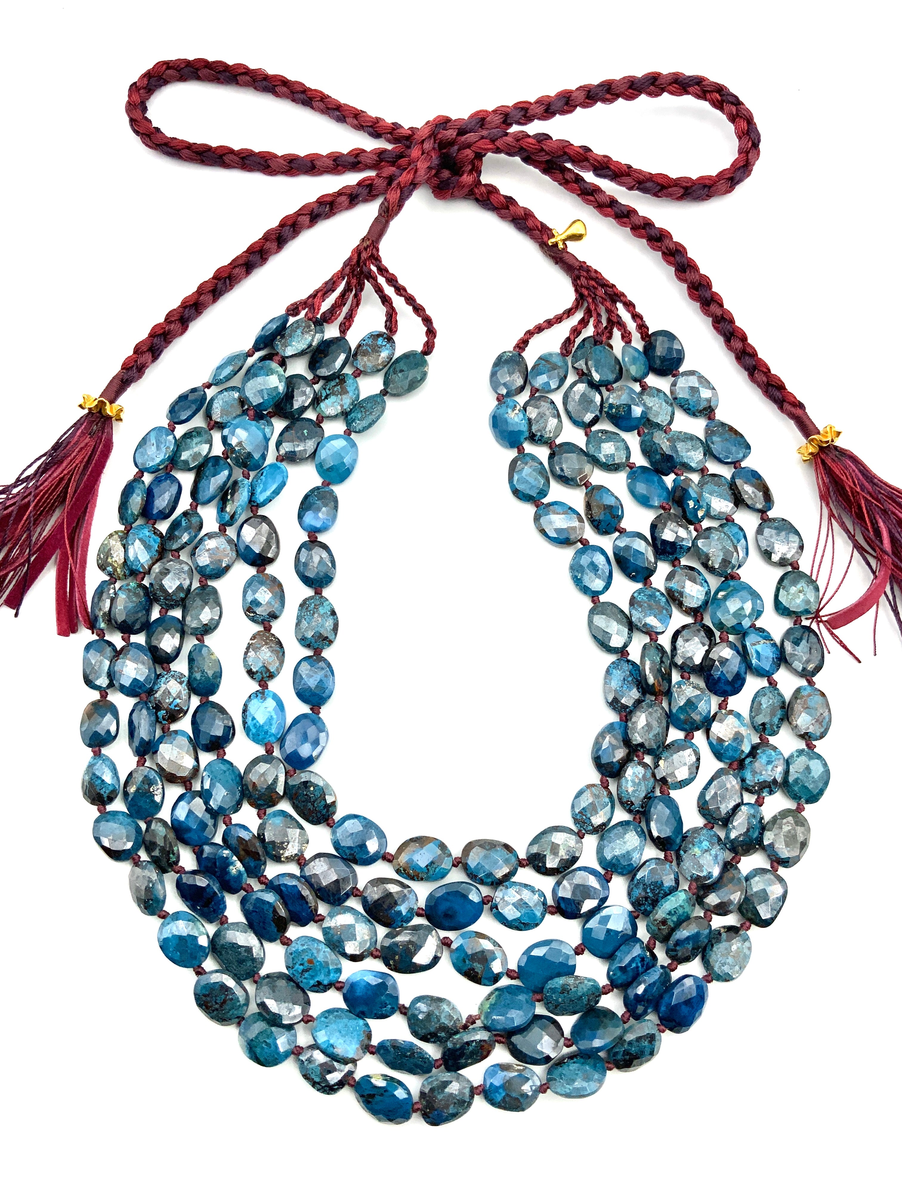 #1 Threads of Silk , Stones of Light - A Handmade Masterpiece - Faceted Cryscolite , Burgundy knotting and six strands of luminous flow - a heirloom born of Artistry