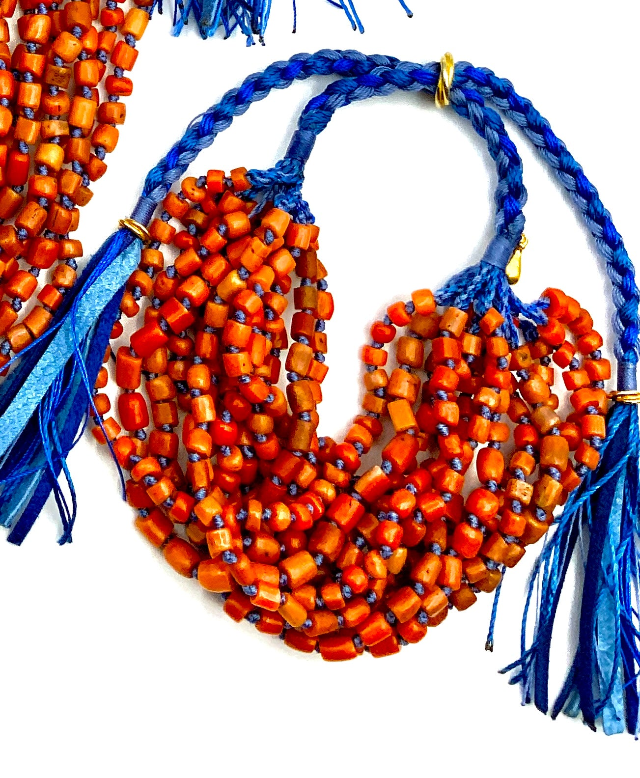 # 25 Exquisite Red & Orange Coral & Blue Hand Knotted Silk Cord
