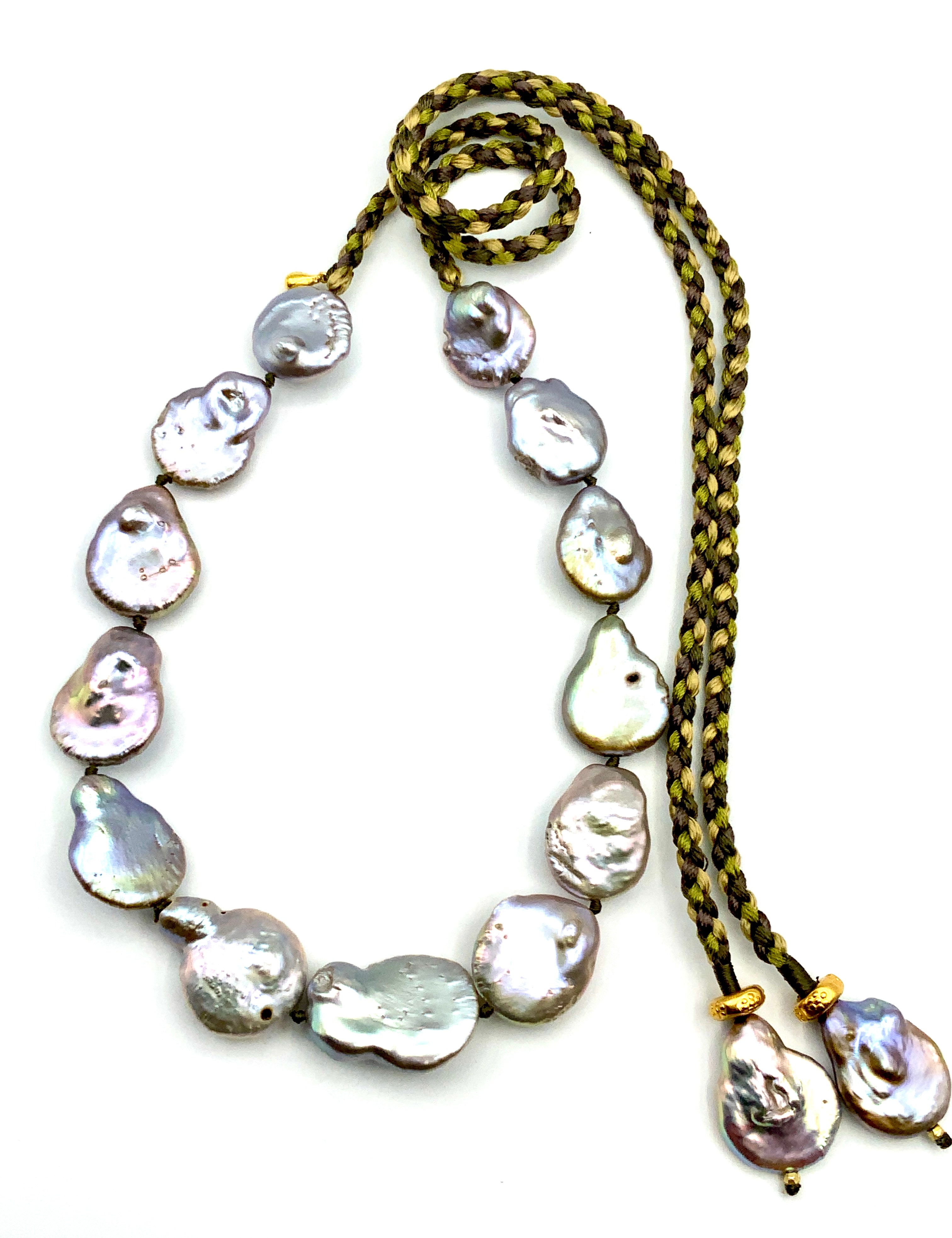 # 23 A Fresh Take on Classic Pearls -Olive Green Silk - Less is More ! Subtle Elegance