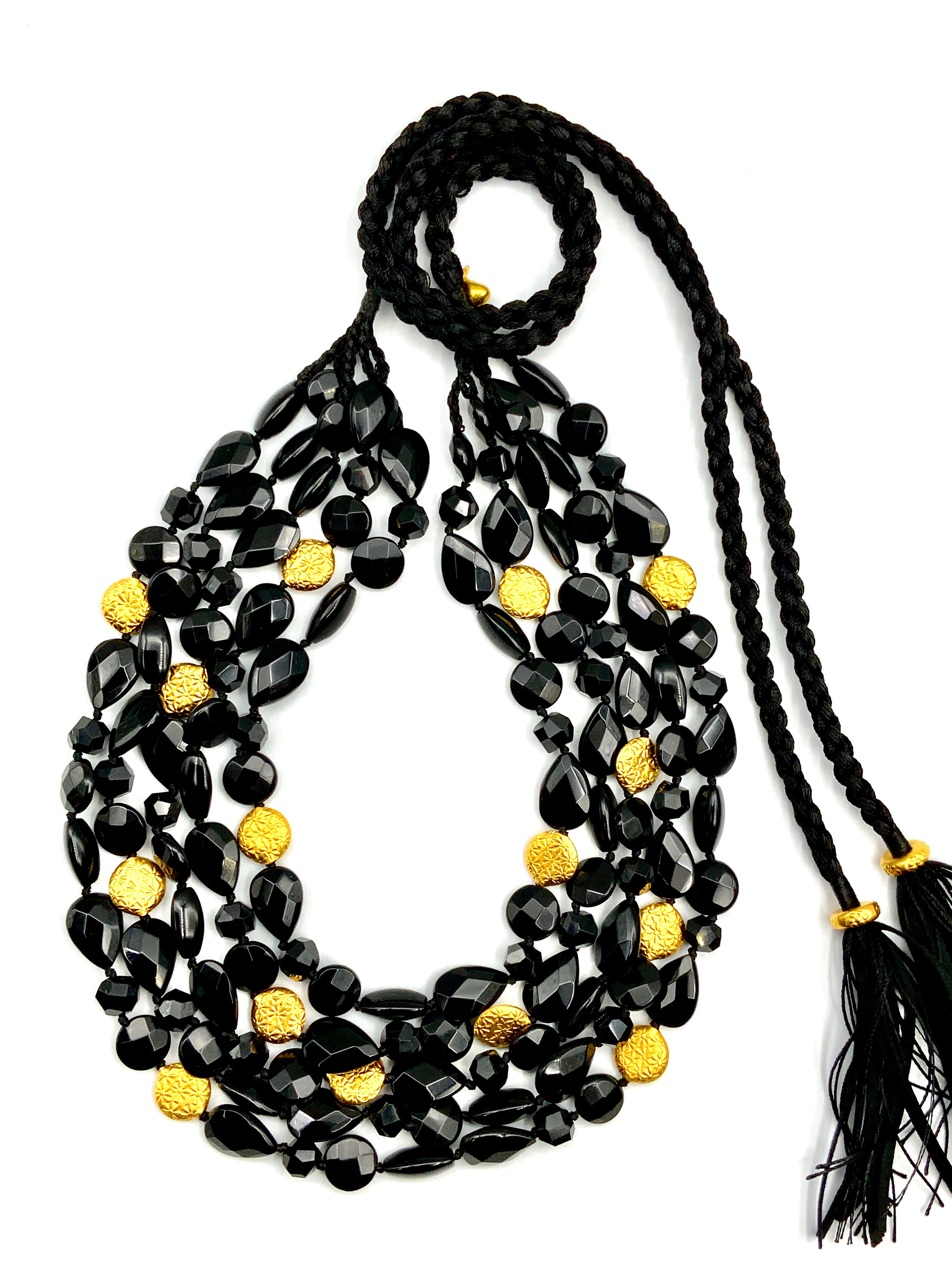 # 18 Multistrand Black Onix Faceted Coins , Teardrops , Ovals & Cubes & Gold Plated Coins & Bracelet