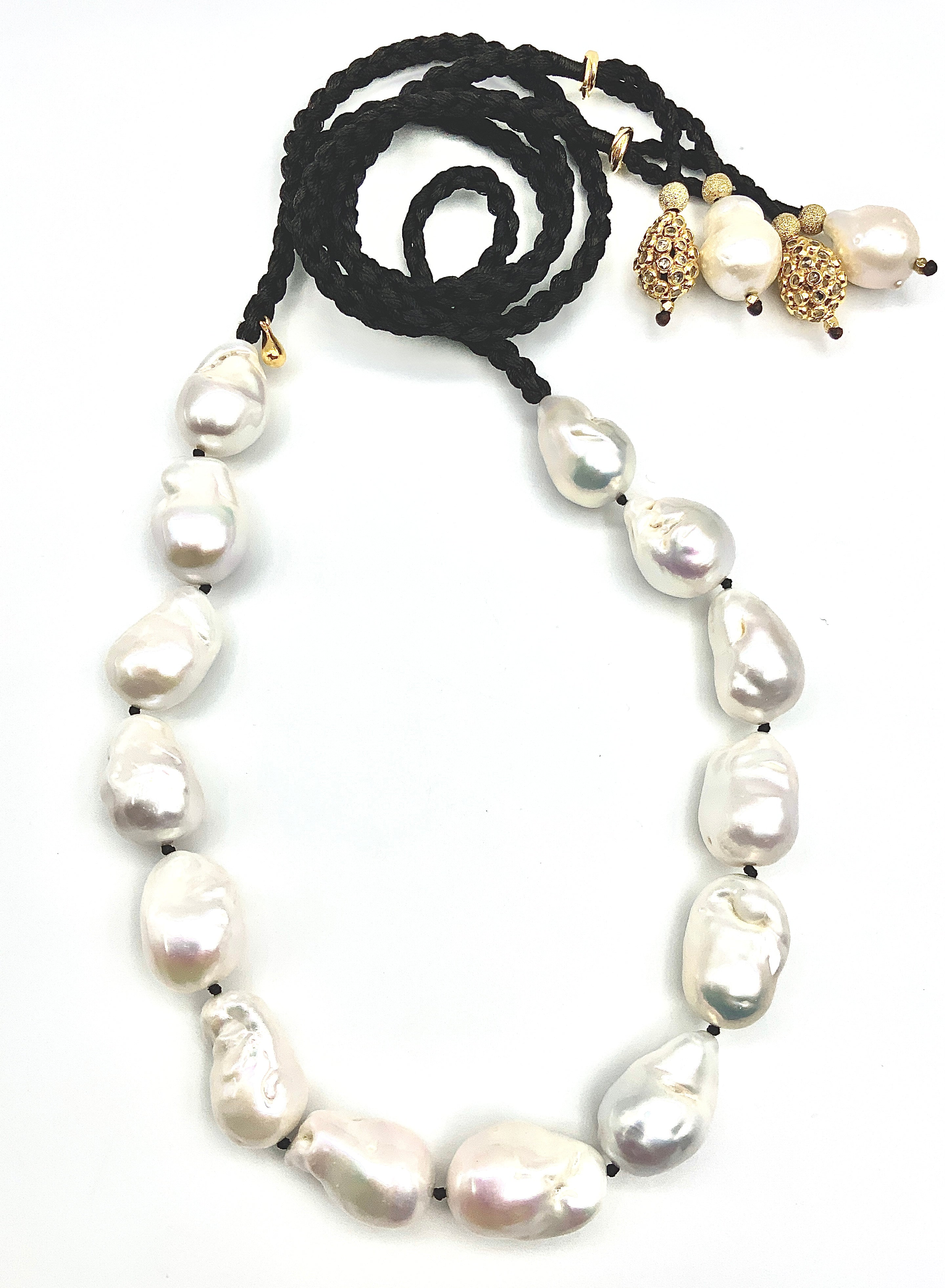 White Baroque Pearls & Gold Plated Sterling Silver Inlaid White Topaz Bead Drops