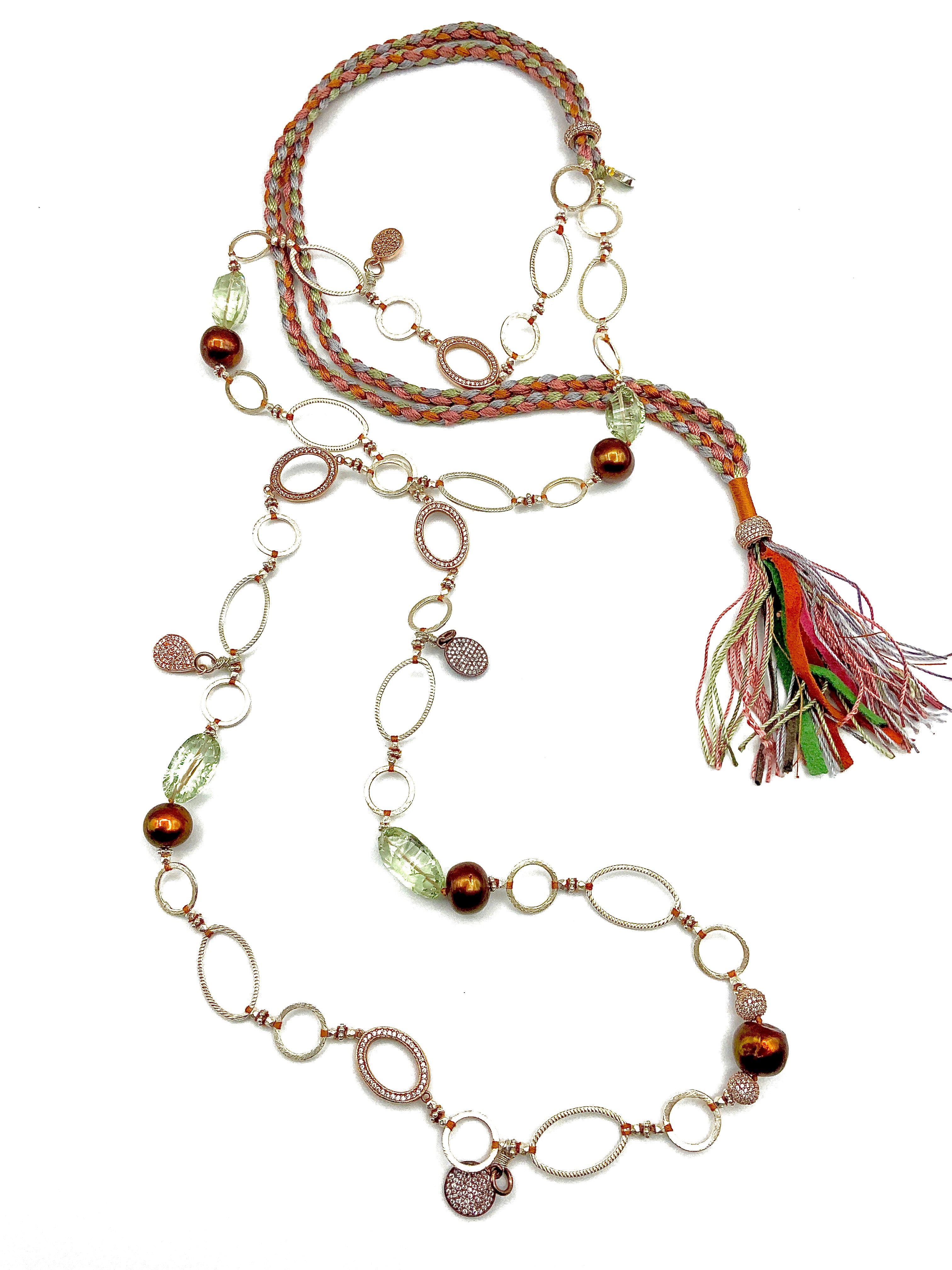 # 35 Faceted Green Amethyst, Bronze Pearls , Pave White Topaz & Pink & White Silver Loops