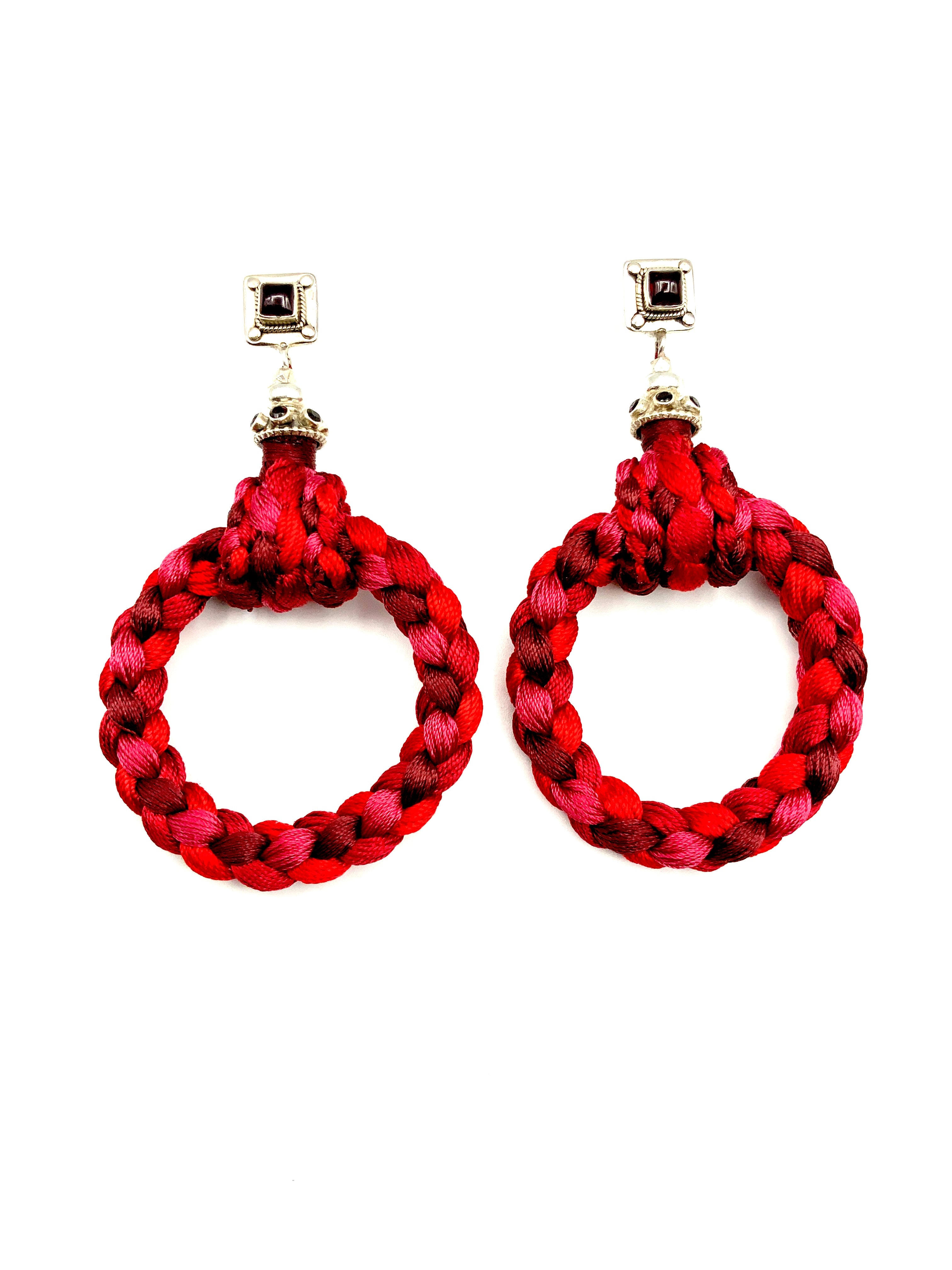 # 33 Earrings Red Silk Handoff Woven Round Rings & Sterling Silver Post  Red Garnet Cab