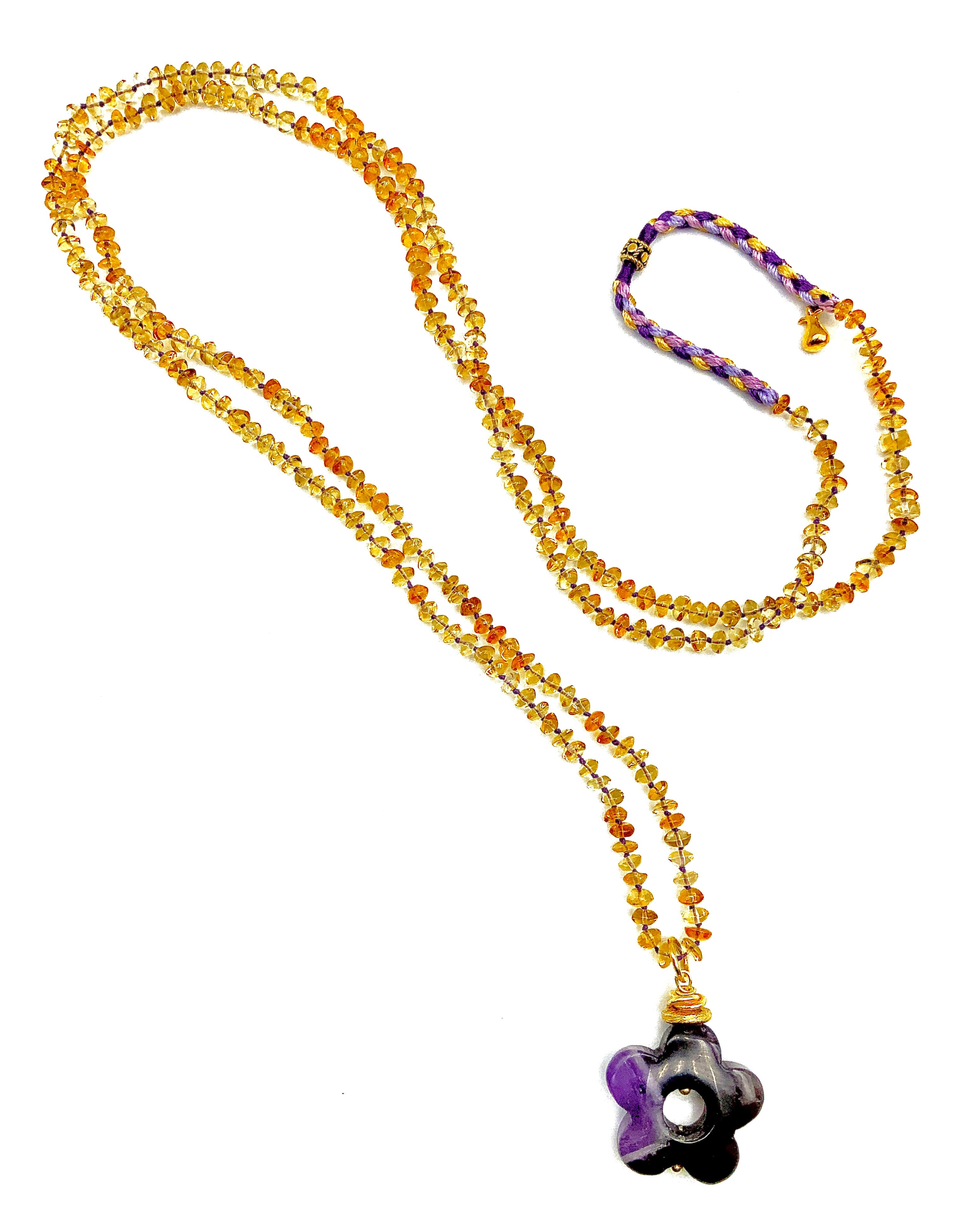 # 38 Citrine  Rondelles &  Carved Flower Amethyst Drop