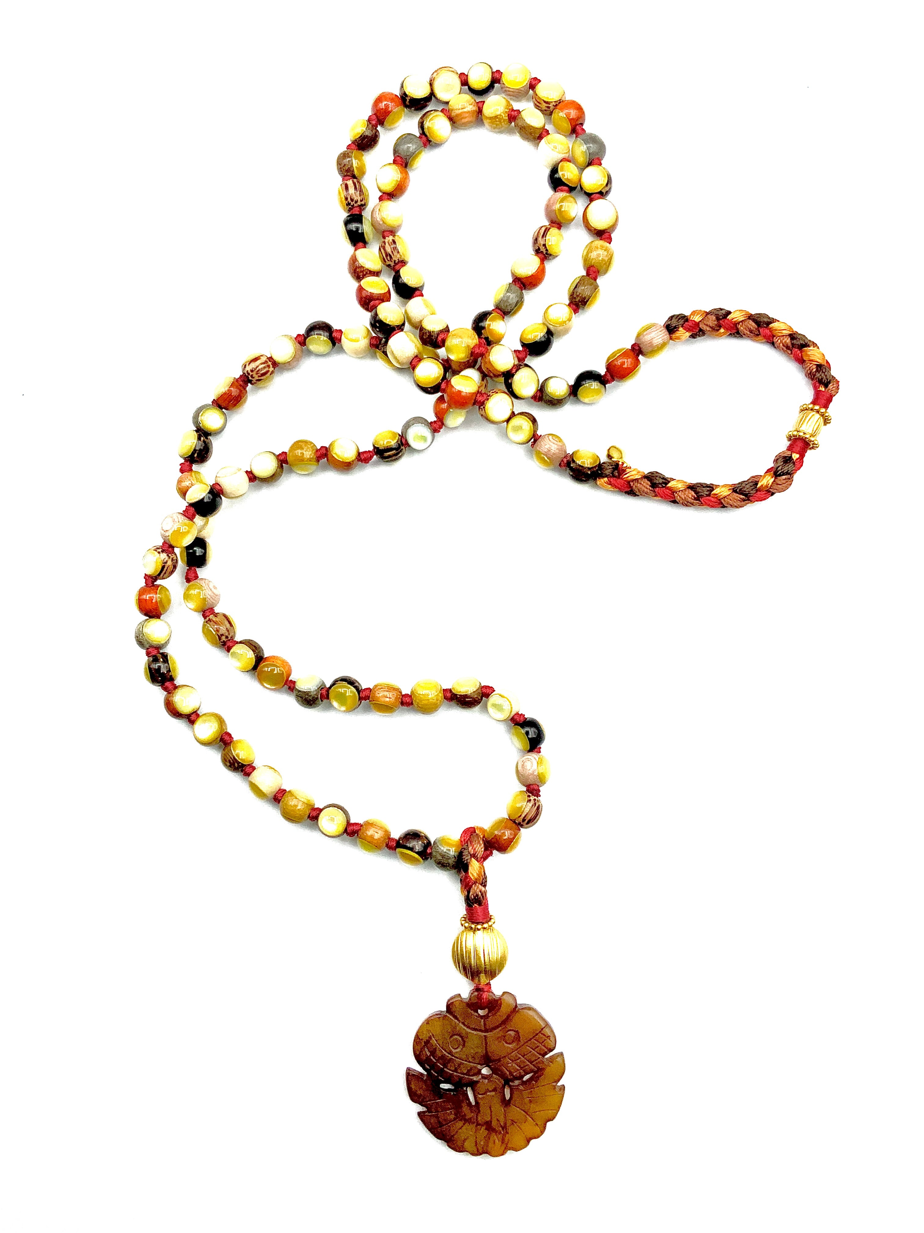 # 1 Round Wood Beads with Inlaid Mother of Pearl & Carved Brown Jade Disc Pendant