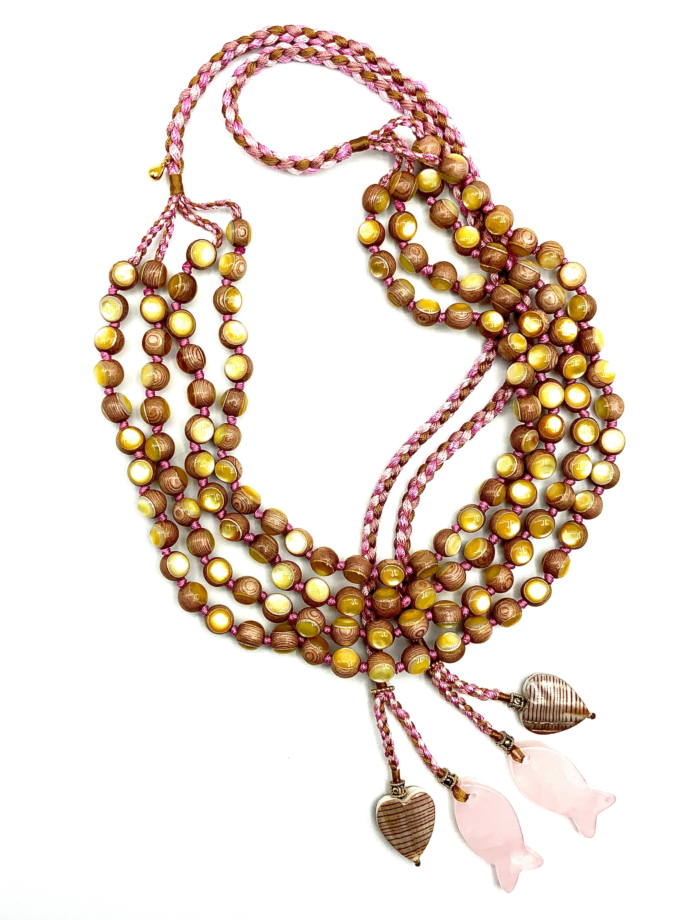 # 22 Multistrand Rosewood Beads with Inlaid Mother of Pearl & Rose Quartz Fish Pendants