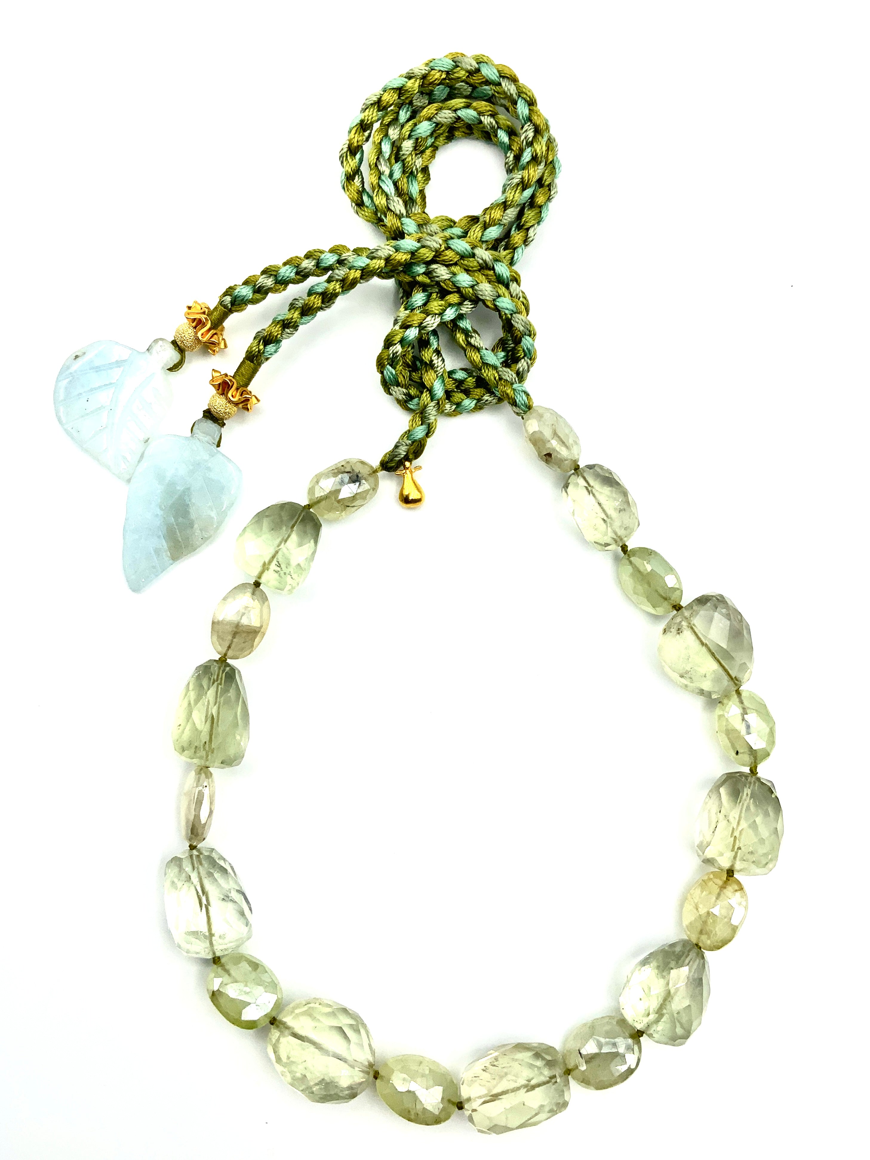 # 8 Fine Faceted Green Amethyst & Carved Aquamarine Leaf Drops
