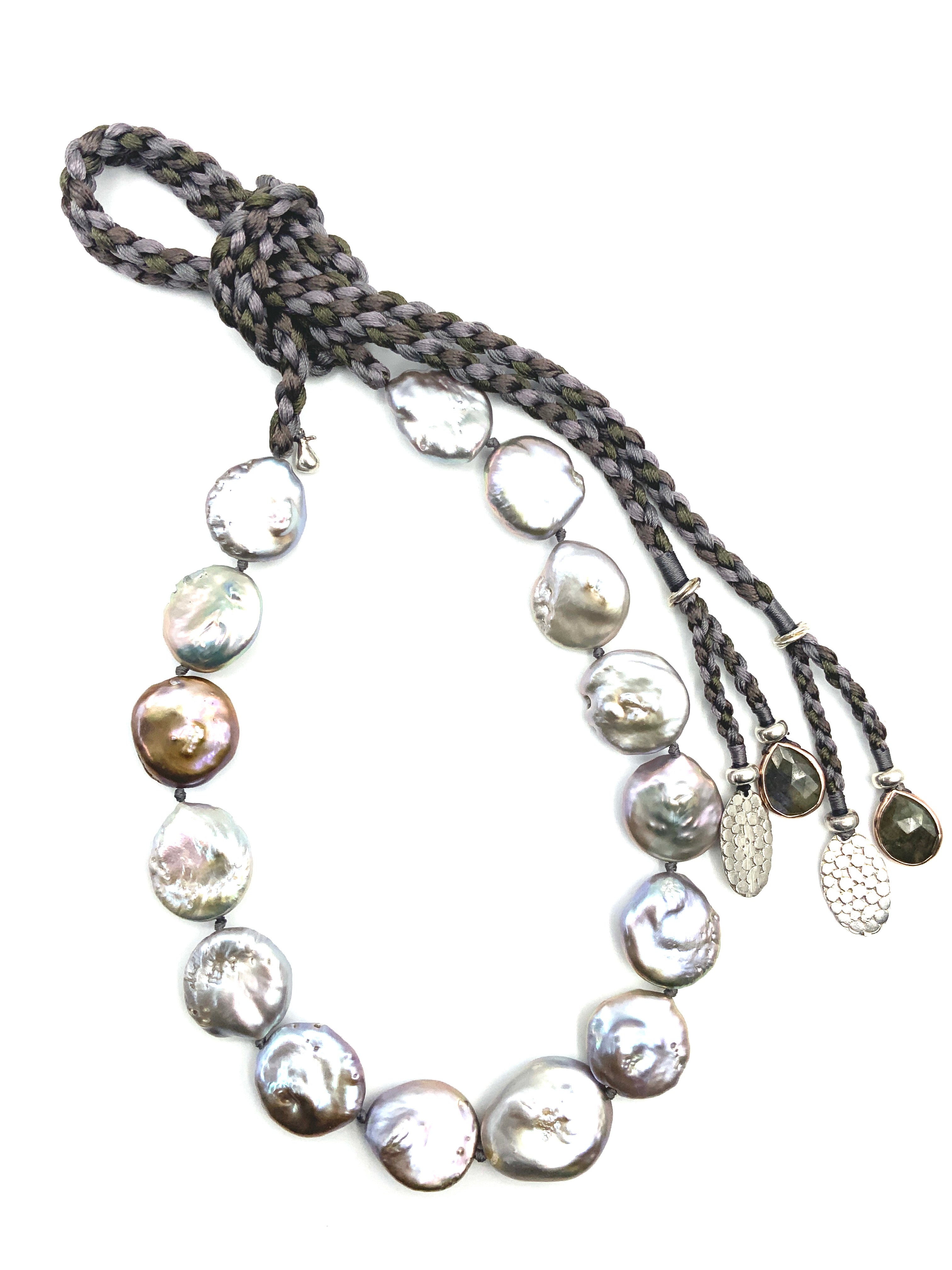 Grey Satin Coin Pearls & Labradorite Faceted Bezeled Drops