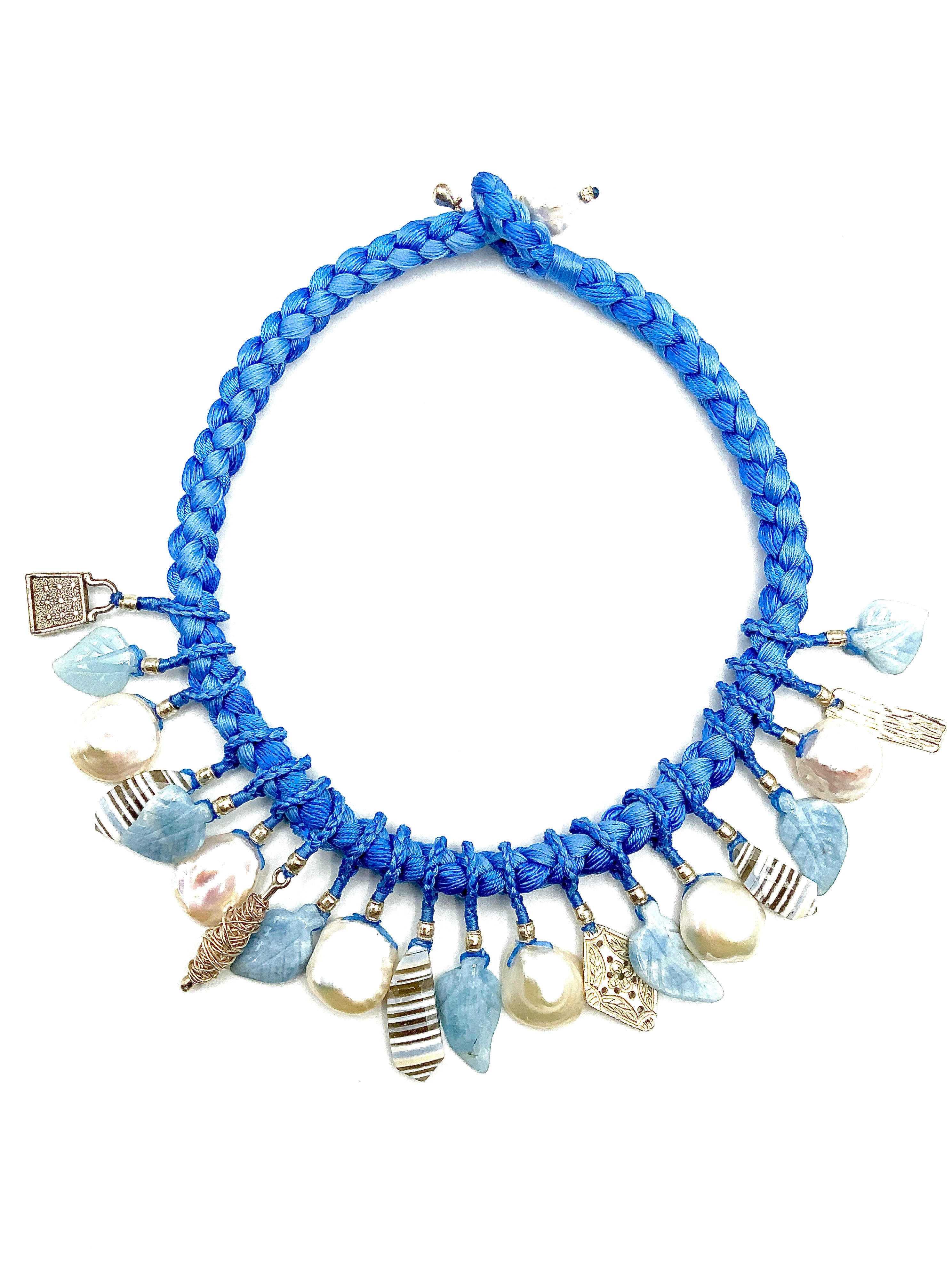 #  7 Choker  Sky Blue Silk Threads Cord , White Pearls Petal drops , Blue Aquamarine Carved Leafs , Stripped Chalcedony