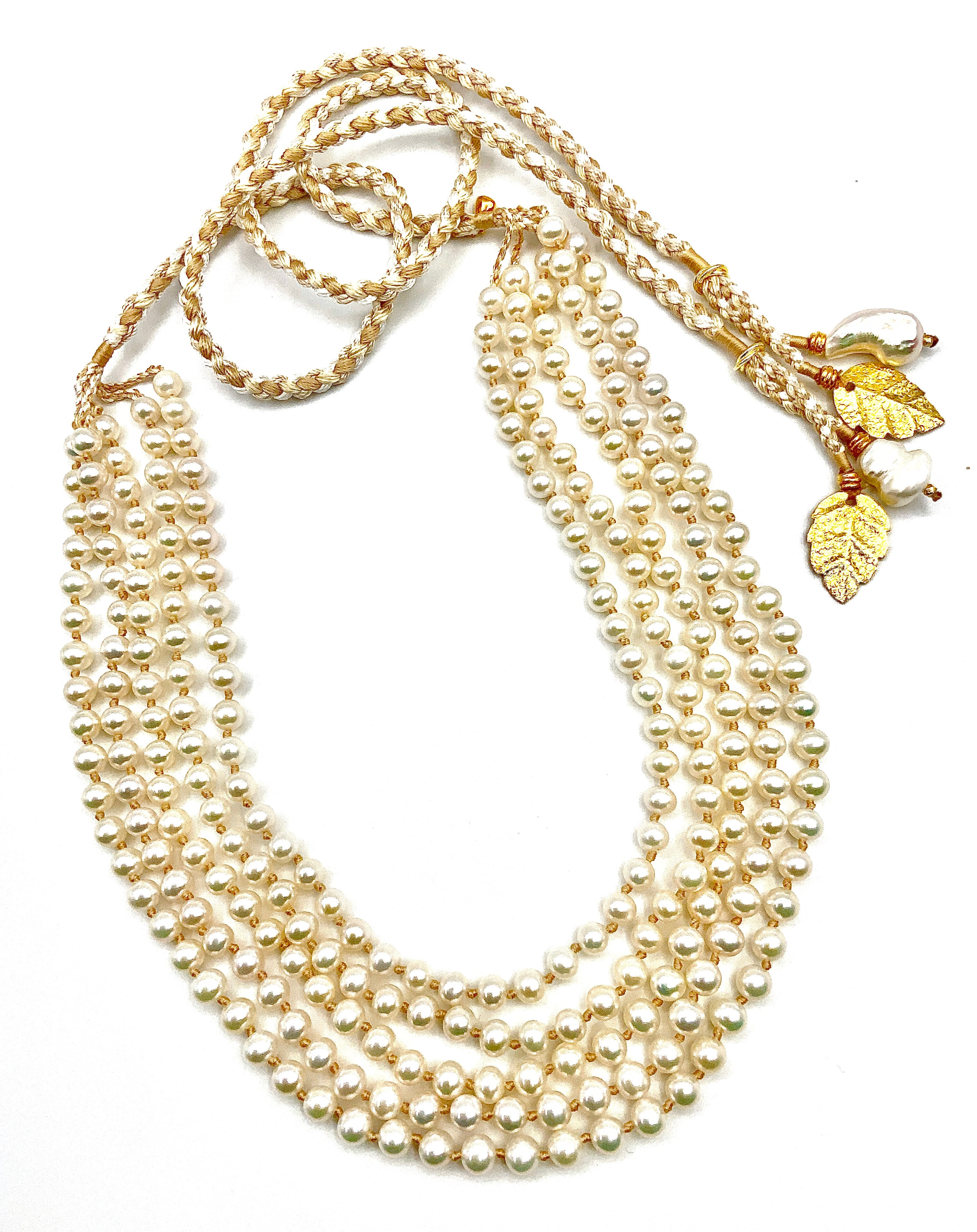 # 1 Lustrous Calibrated White Round Pearls , Golden Leaves - Pure Elegance Awaits