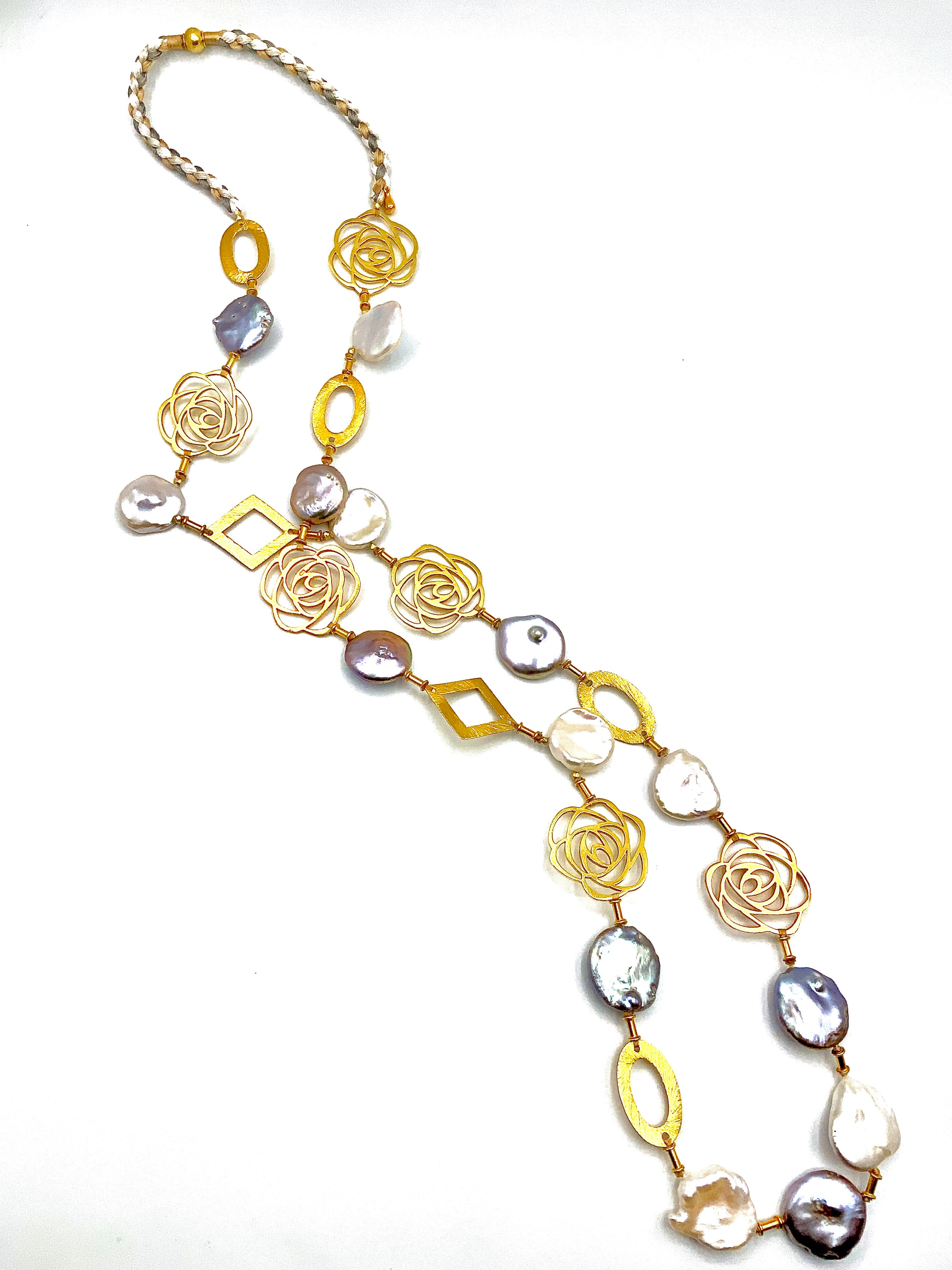 # 6 Floral Whispers, Golden Gleam - White & Grey Coin Pearls & Gold Plated Flowers