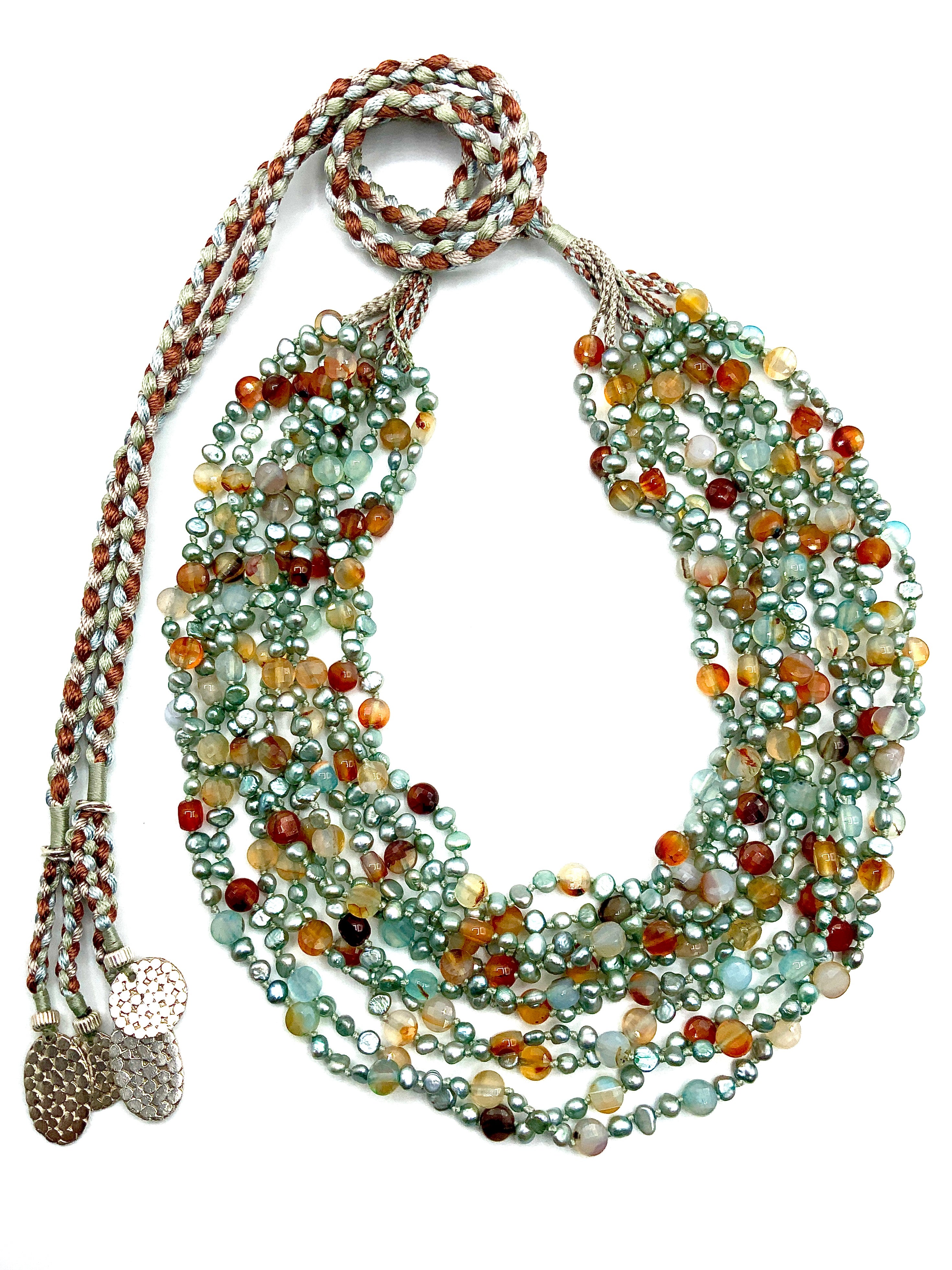 # 46 Quiet Colors of Early Spring-  Eleven Strands of Chalcedony , Carnelian Coins & Soft Grey Pearls