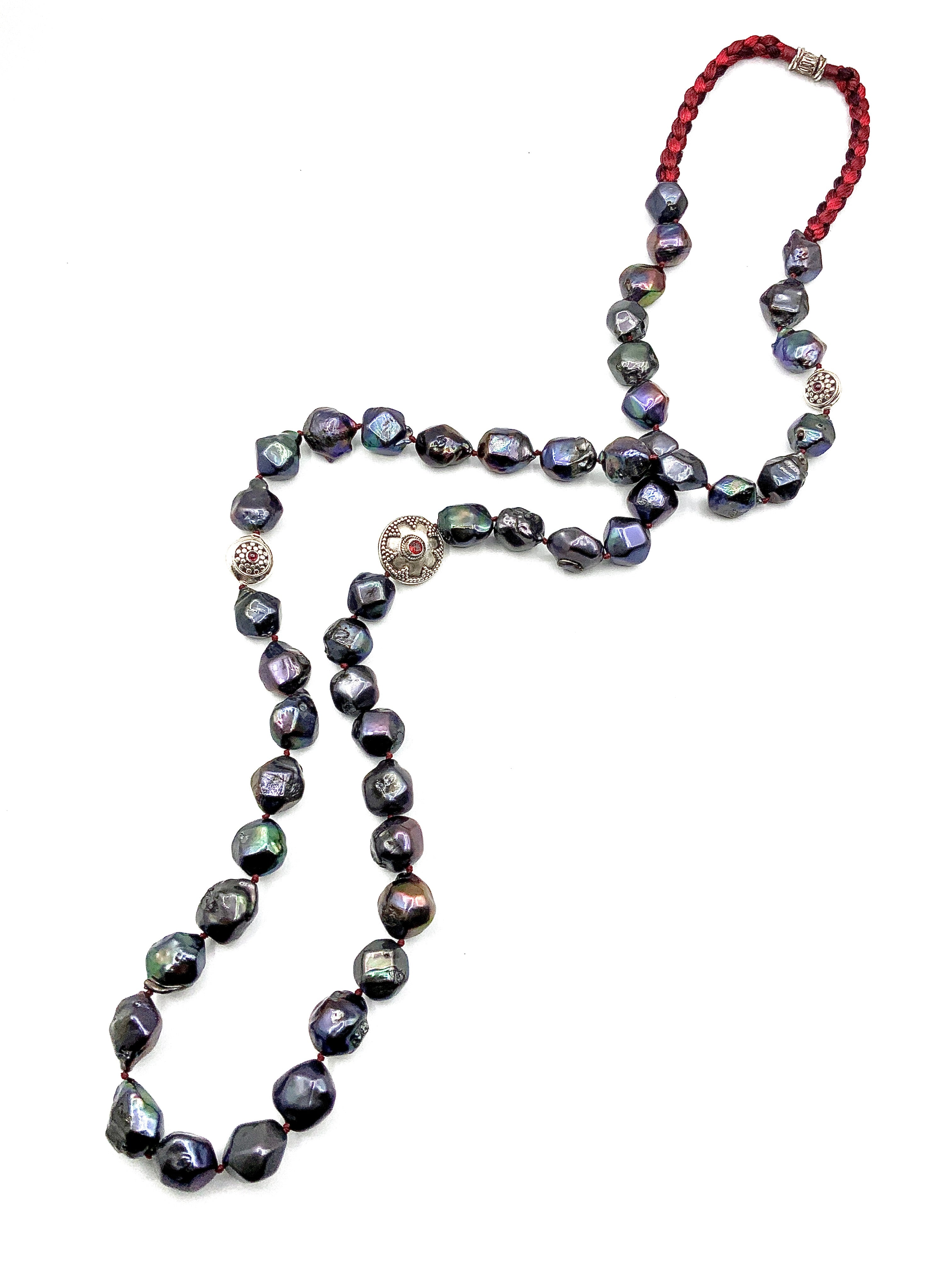 # 1 Red Knots, Peacock Pearls , Red Garnet inlaid in Silver , -Bold Colors , Handcrafted details