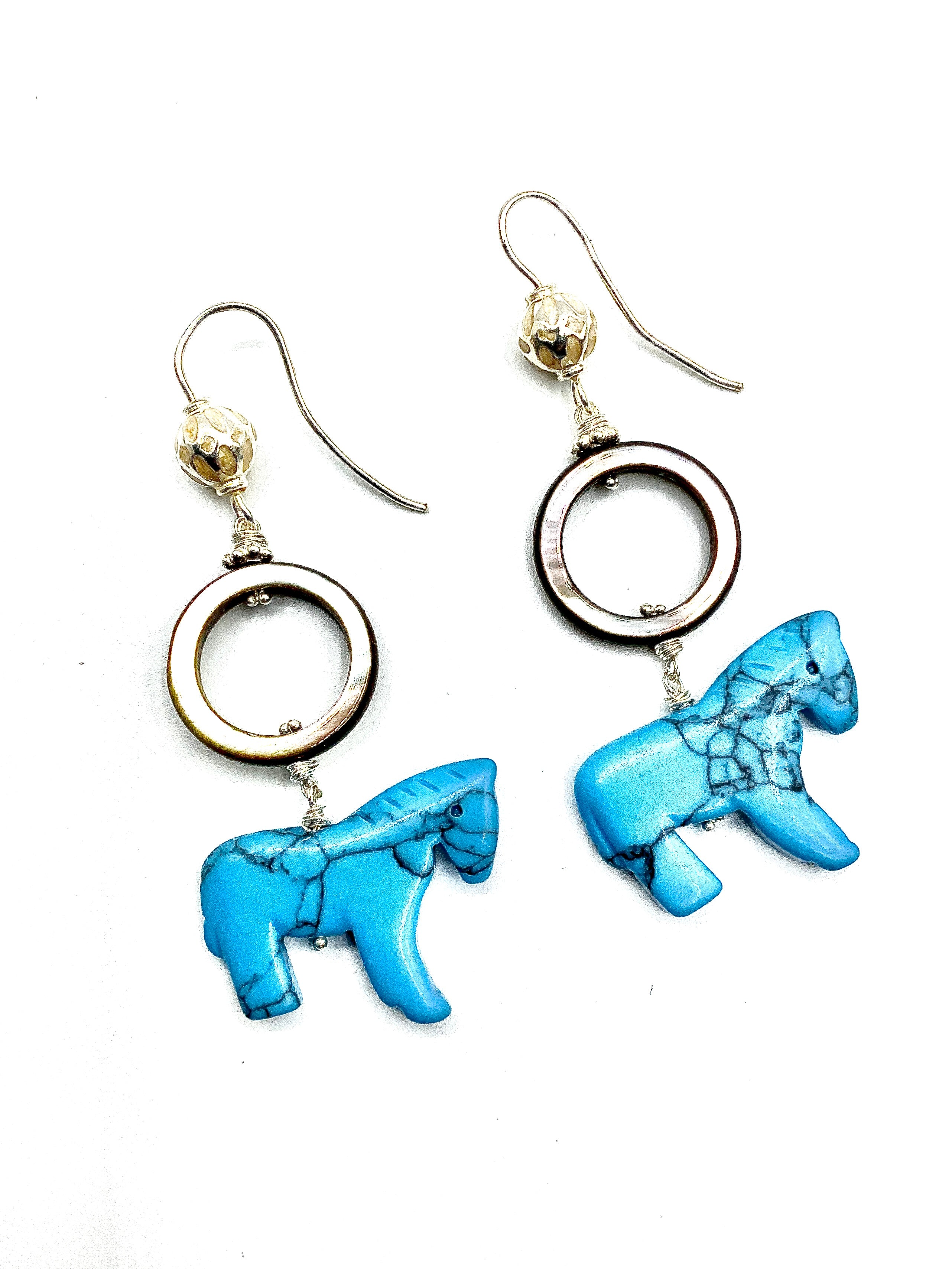 Silver Hook Earrings & Carved Turquoise Horse Pendants