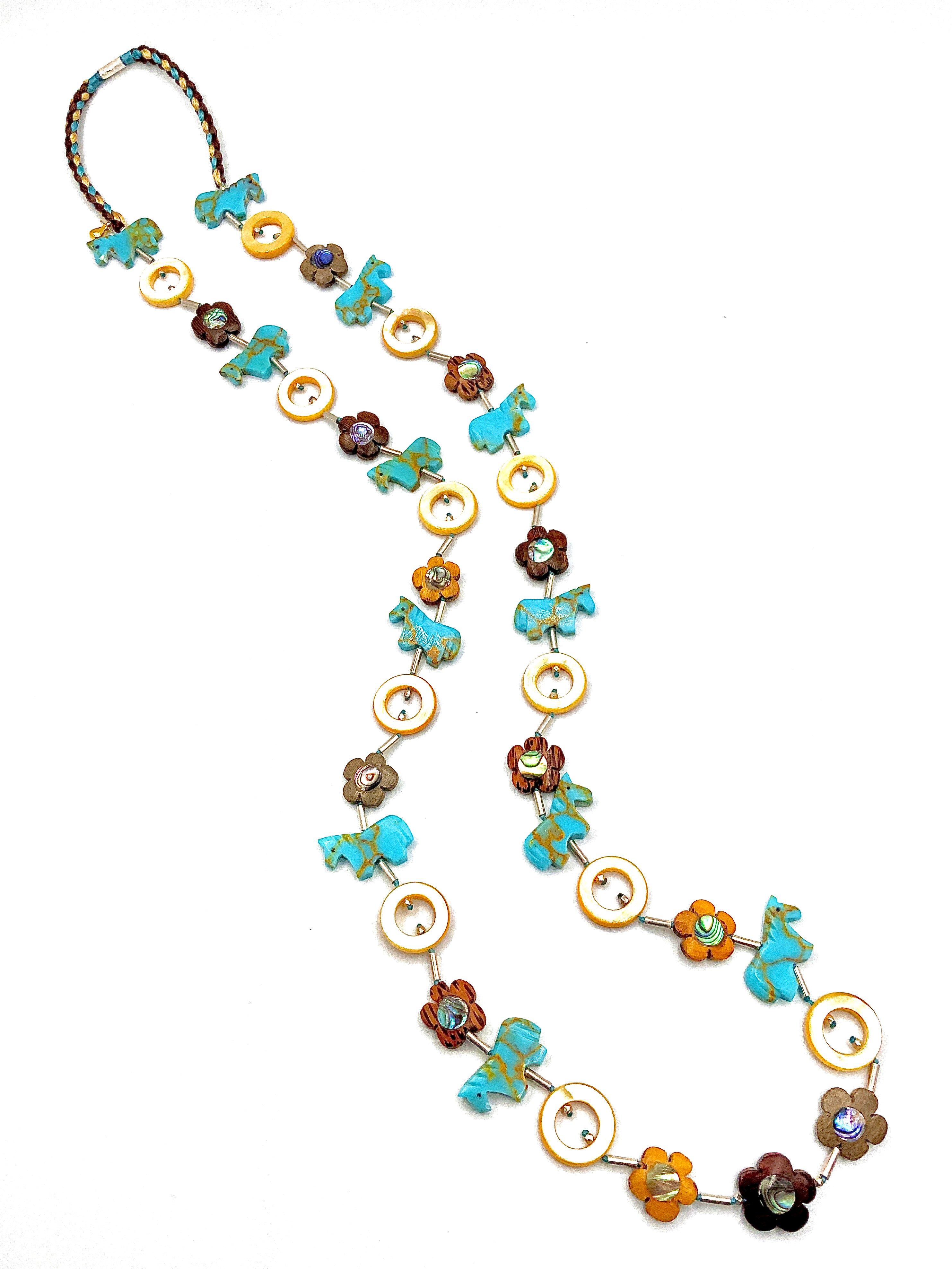 # 1 Carved Turquoise Horses , Luminous Abalone Inlaid wood flowers  & Mother of Pearl Loops create a Statement Necklace Rich in Artistry and Charm