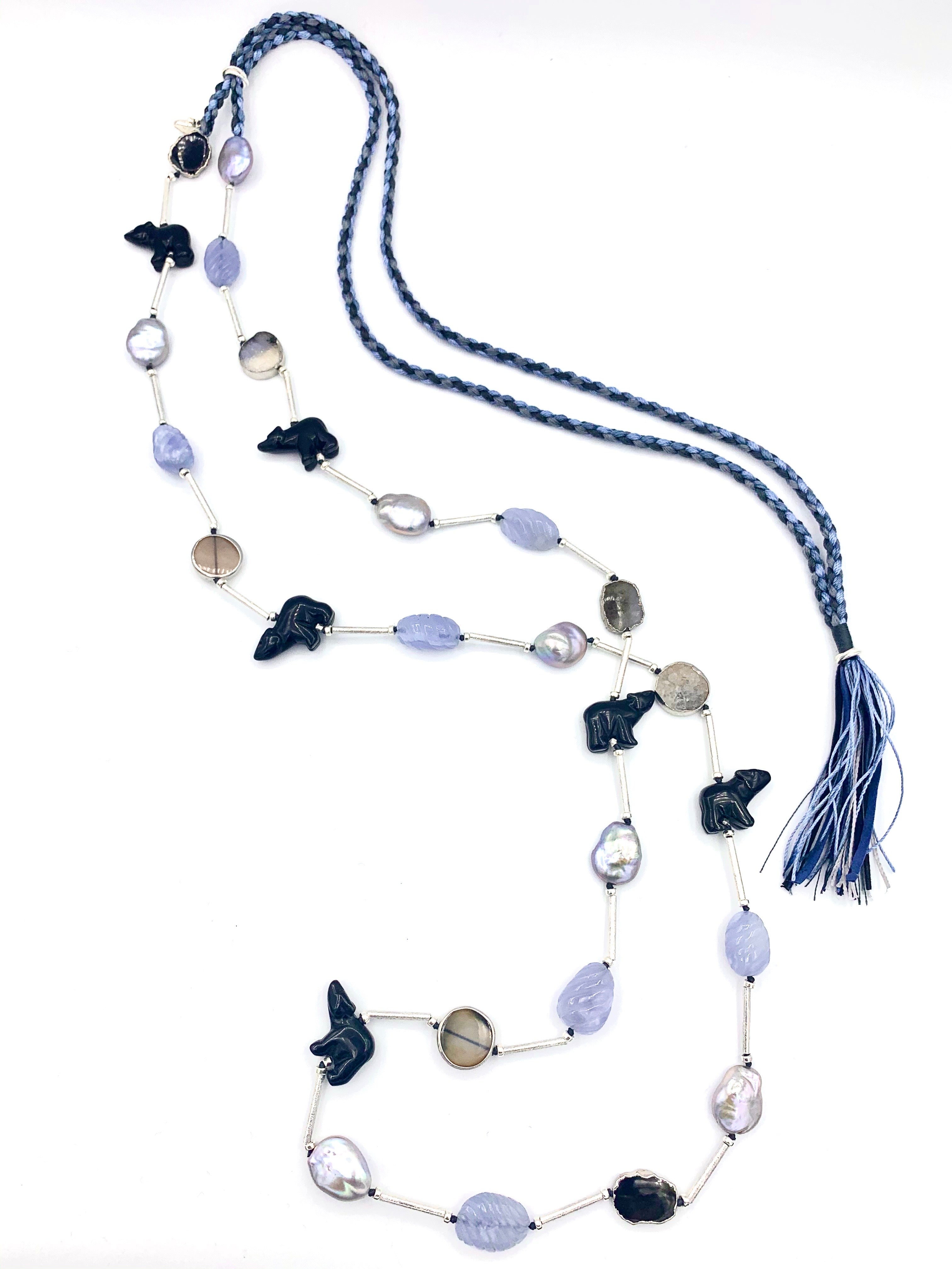# 7 Carved Blue Chalcedony Nuggets , Silver Pearls , Agate Coins , Black Onix