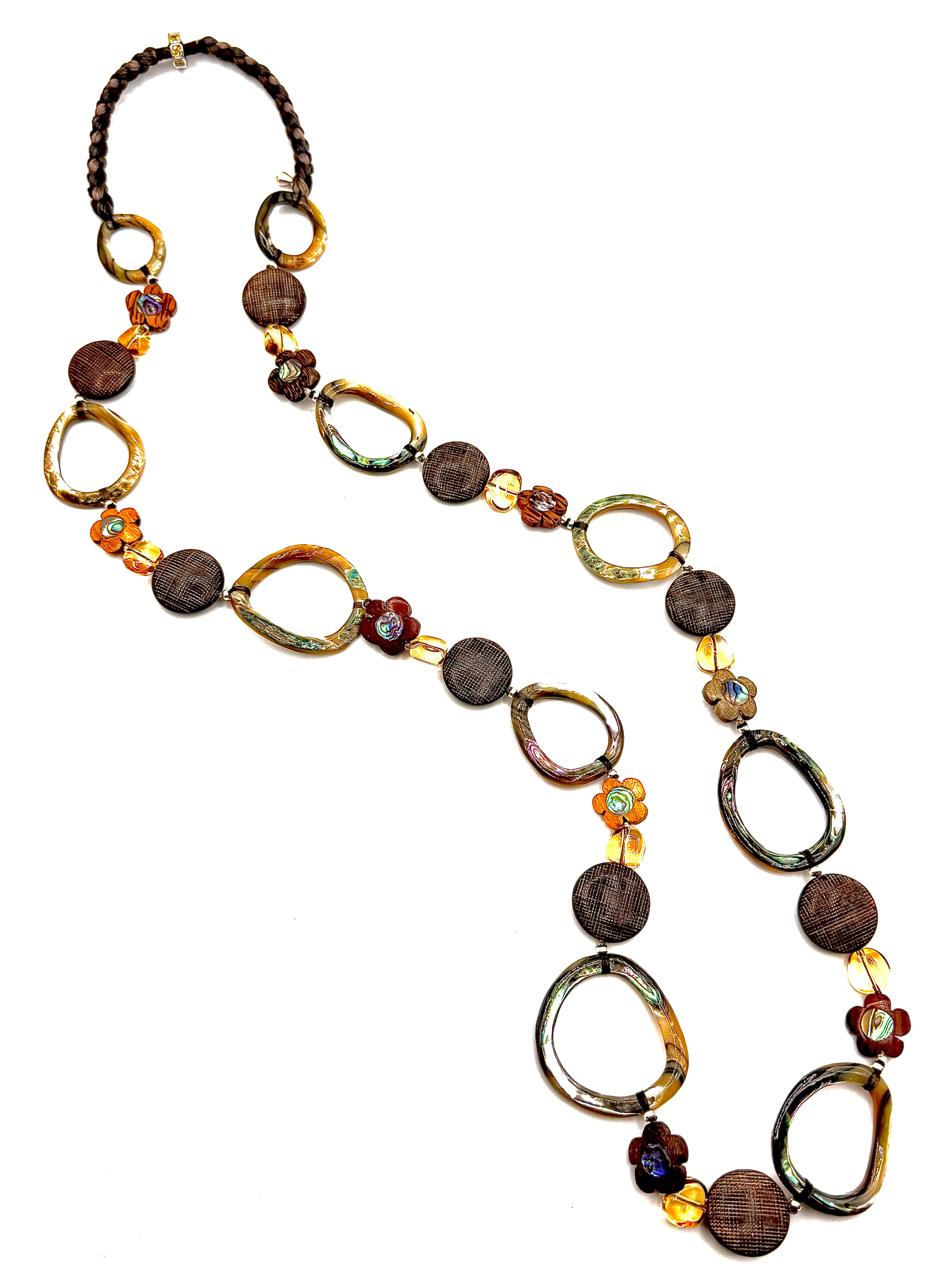 # 47 Organic Shapes , Natural Glamour - Abalone loops , carved wood flowers , horn coins , citrine nuggets come together in one striking artisan piece !