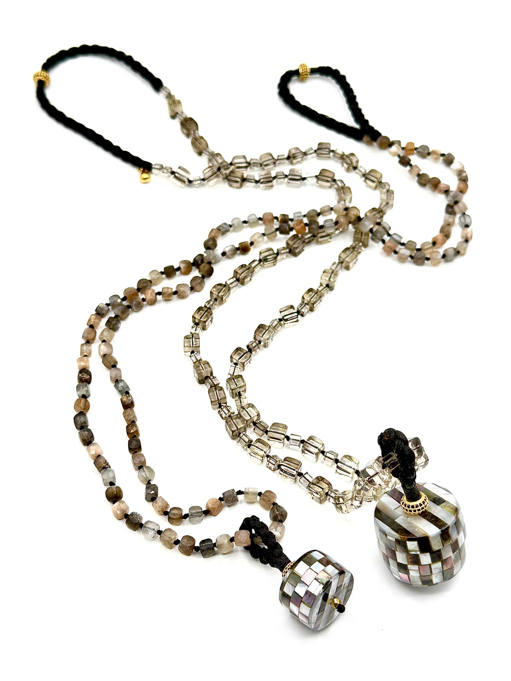 #1 Earth , Moon  & Luster - Luminous new necklace in Smoky Quartz , Moonstone & Mother of Pearl