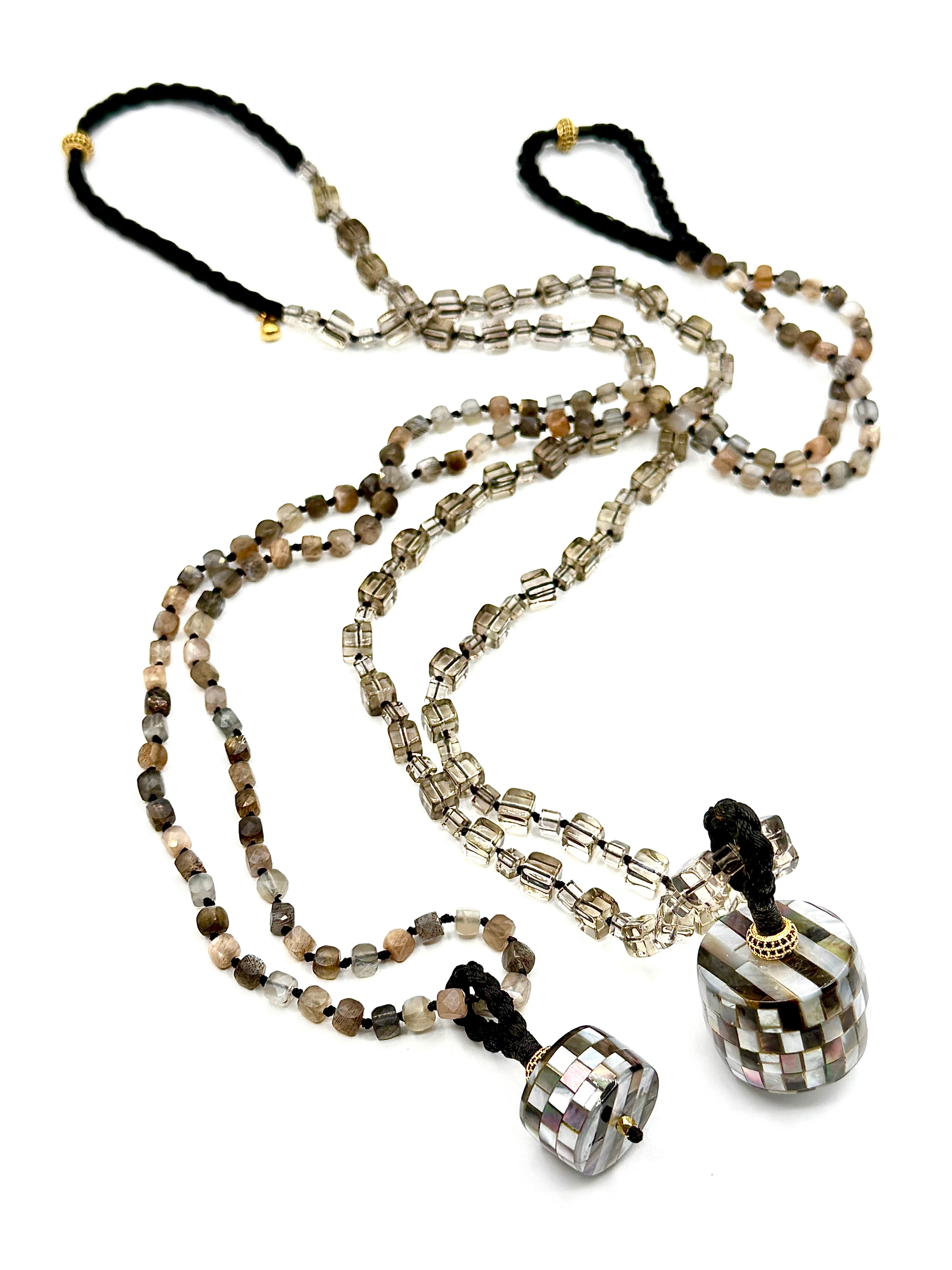 #1 Earth , Moon  & Luster - Luminous new necklace in Smoky Quartz , Moonstone & Mother of Pearl