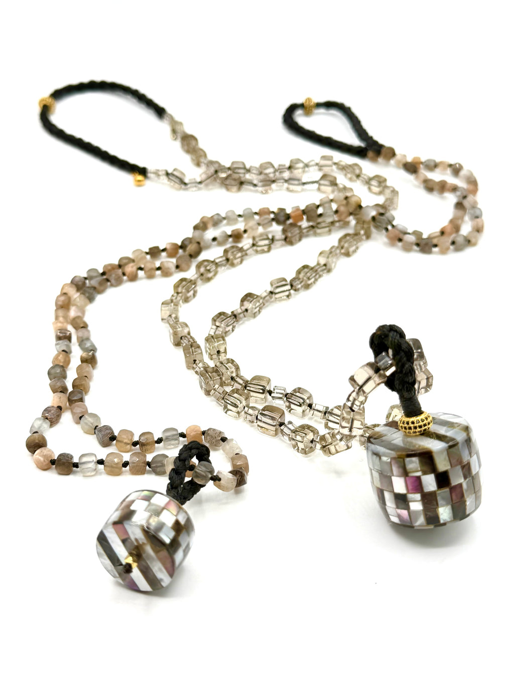 #1 Earth , Moon  & Luster - Luminous new necklace in Smoky Quartz , Moonstone & Mother of Pearl