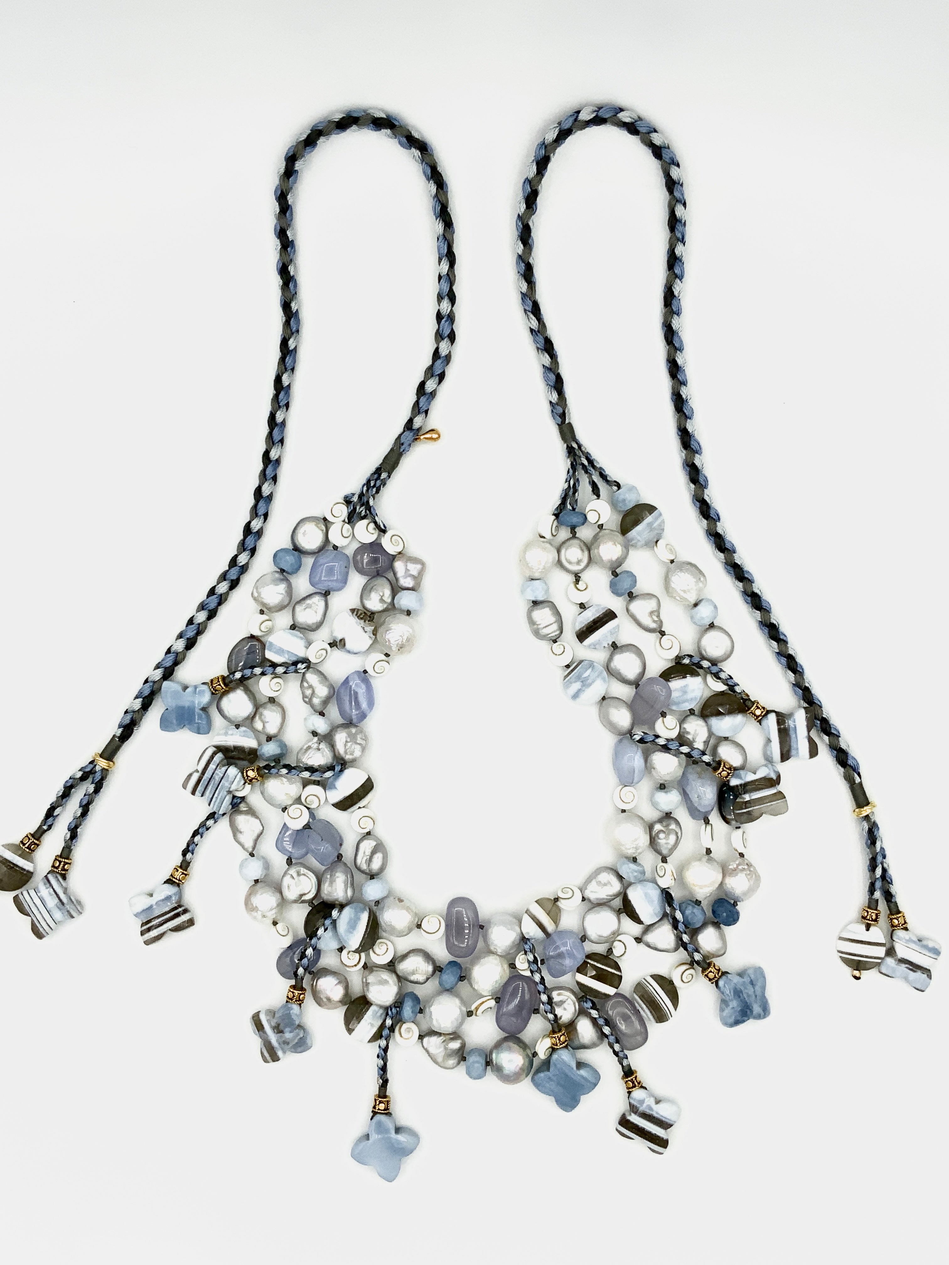 #23 Multi Strand Necklace , Blue Chalcedony , Grey Pearls